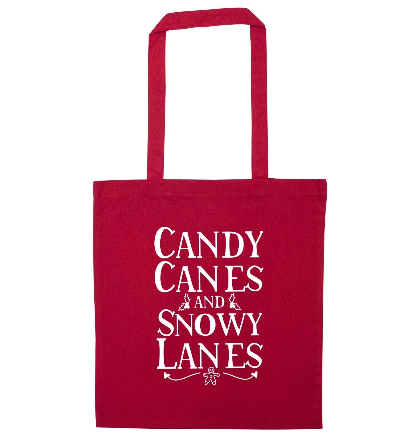 Candy canes and snowy lanes red tote bag