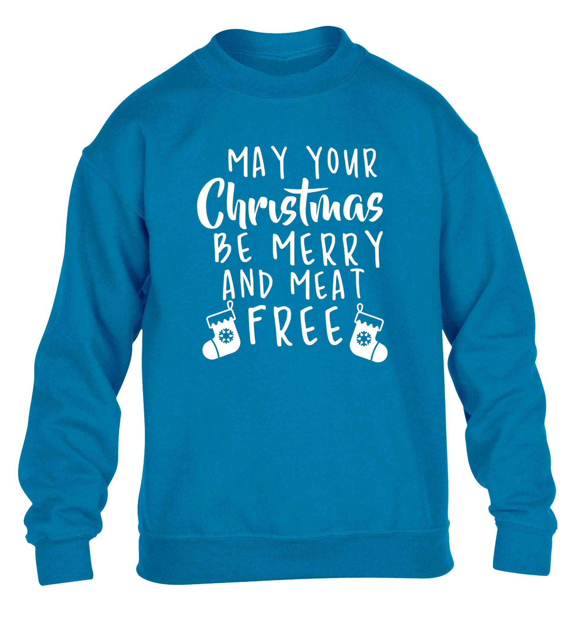May your Christmas be merry and meat free children's blue sweater 12-13 Years