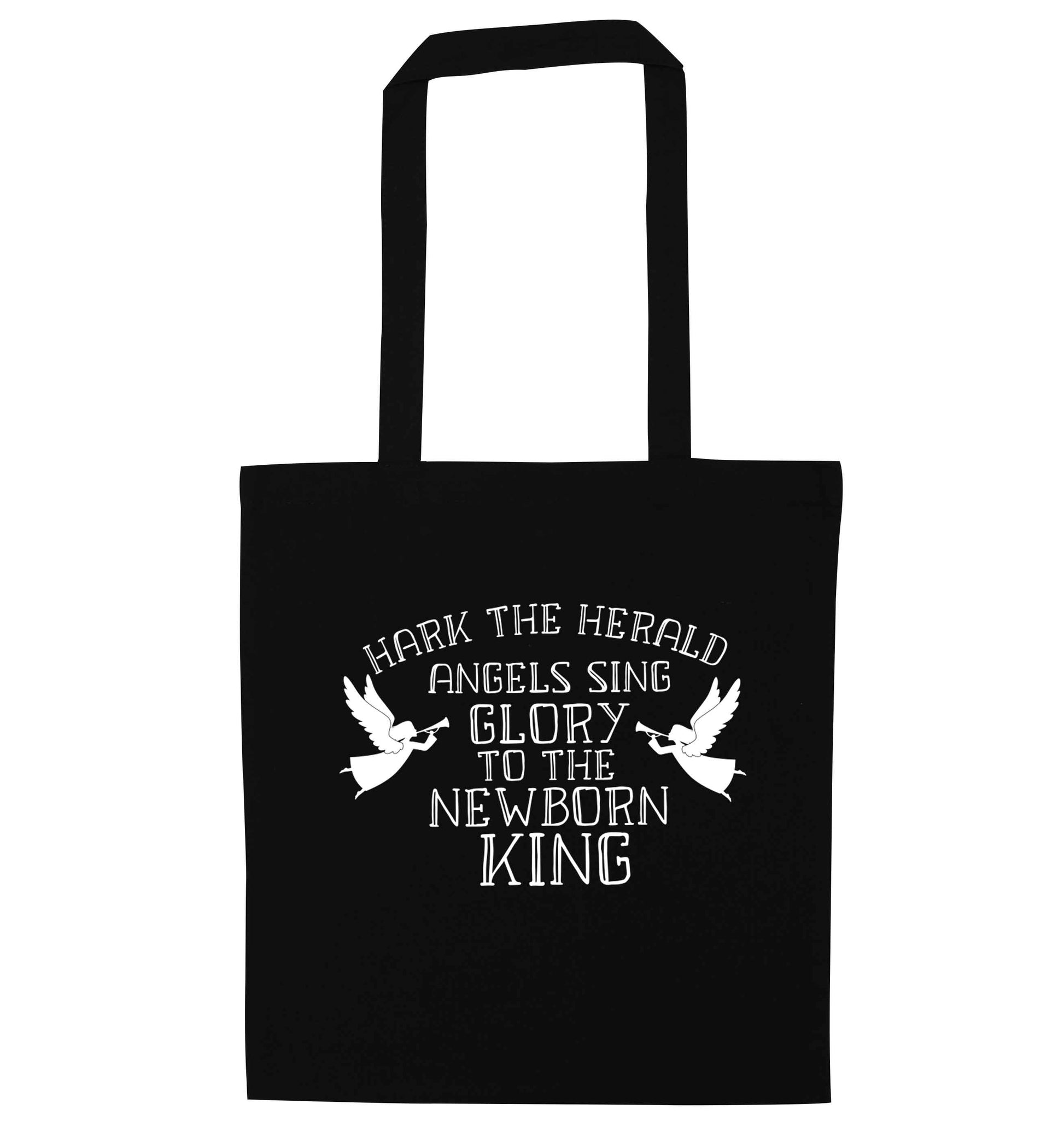 Hark the herold angels sing glory to the newborn king black tote bag