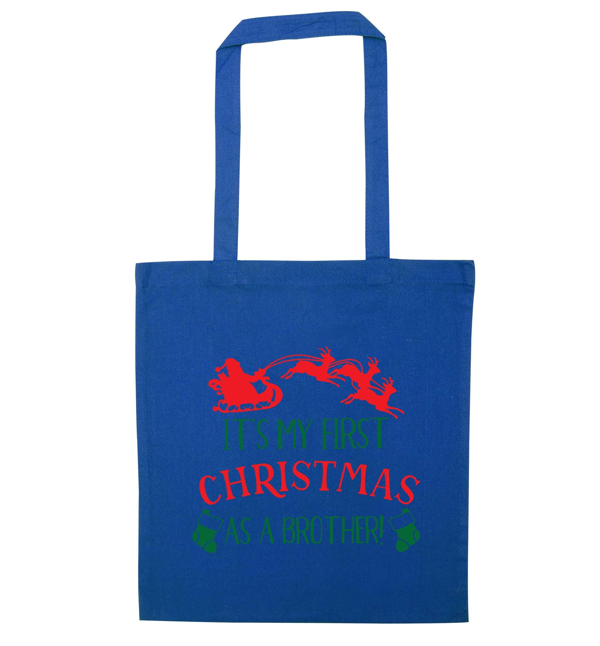 It's my first Christmas as a brother! blue tote bag