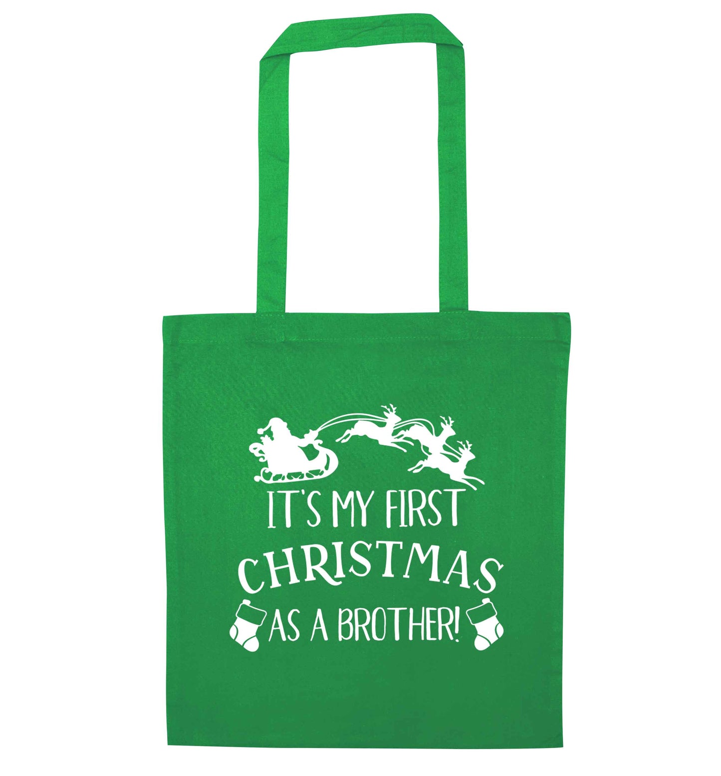 It's my first Christmas as a brother! green tote bag