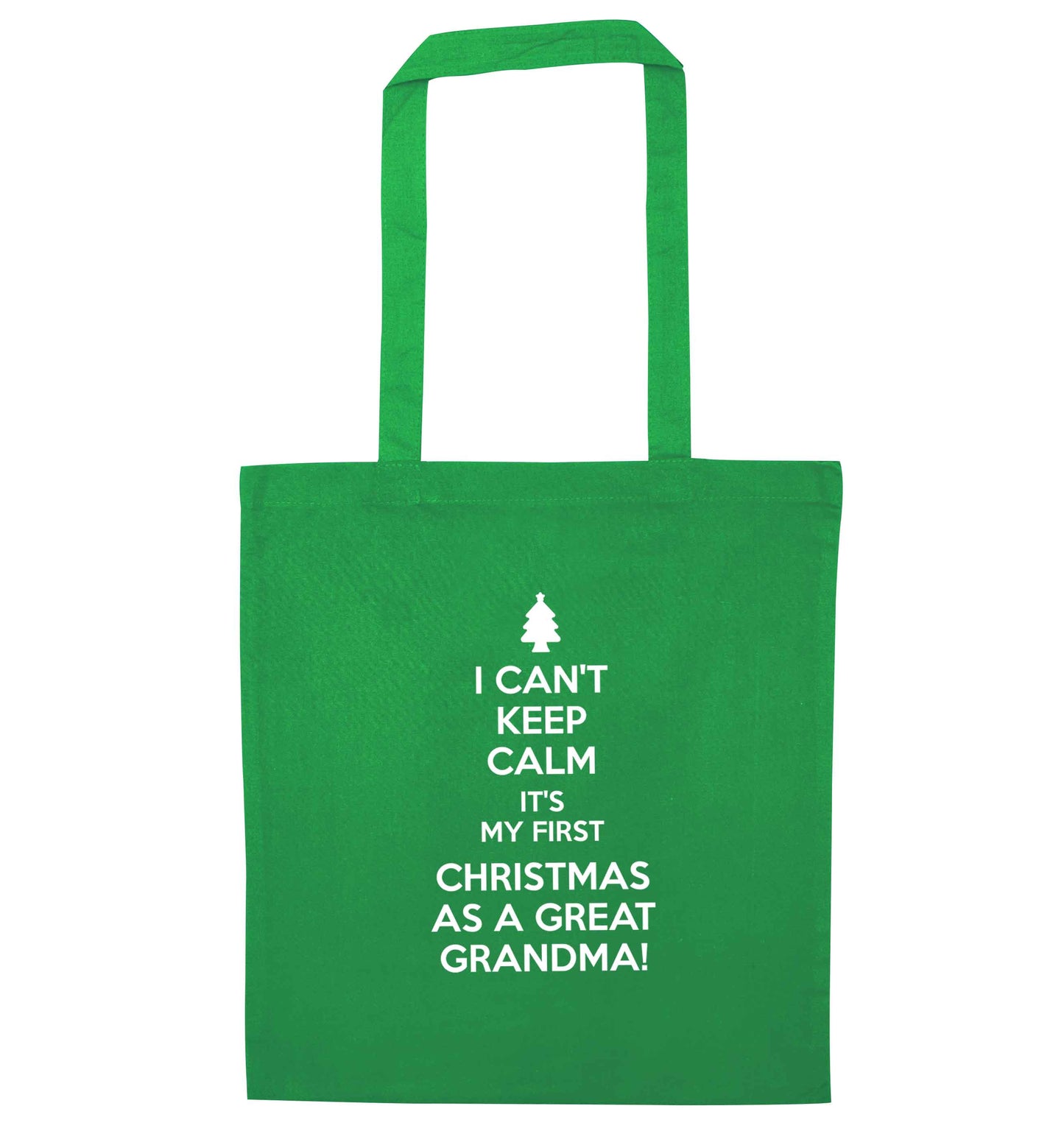 I can't keep calm it's my first Christmas as a great grandma! green tote bag