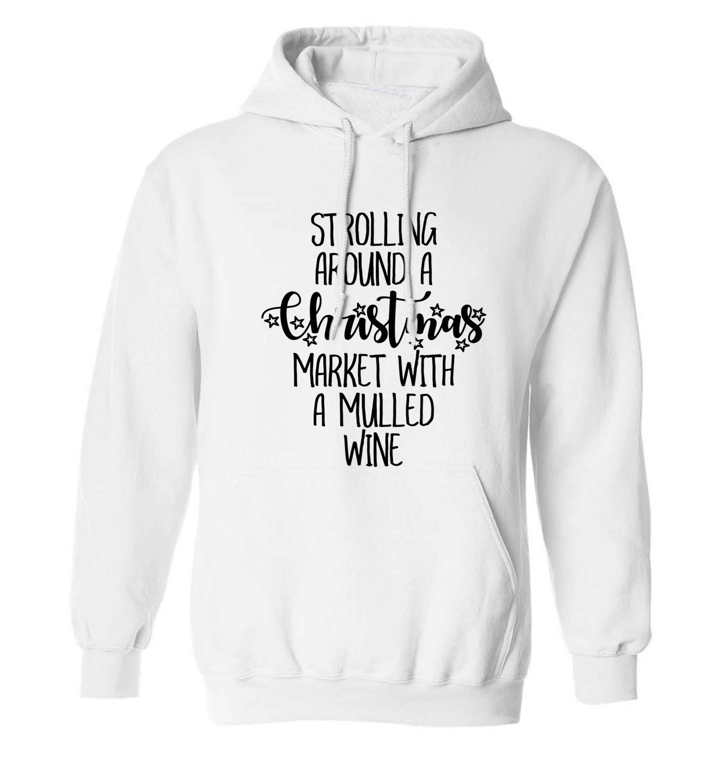 Strolling around a Christmas market with mulled wine adults unisex white hoodie 2XL