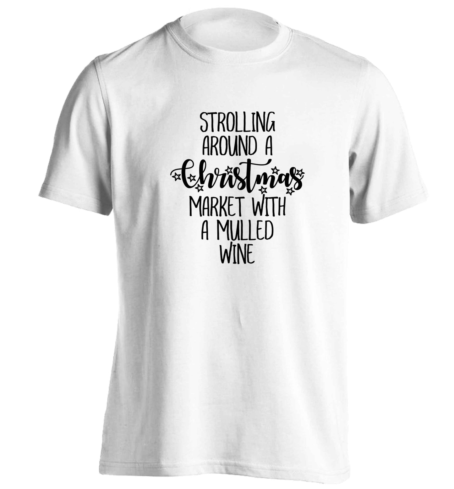 Strolling around a Christmas market with mulled wine adults unisex white Tshirt 2XL