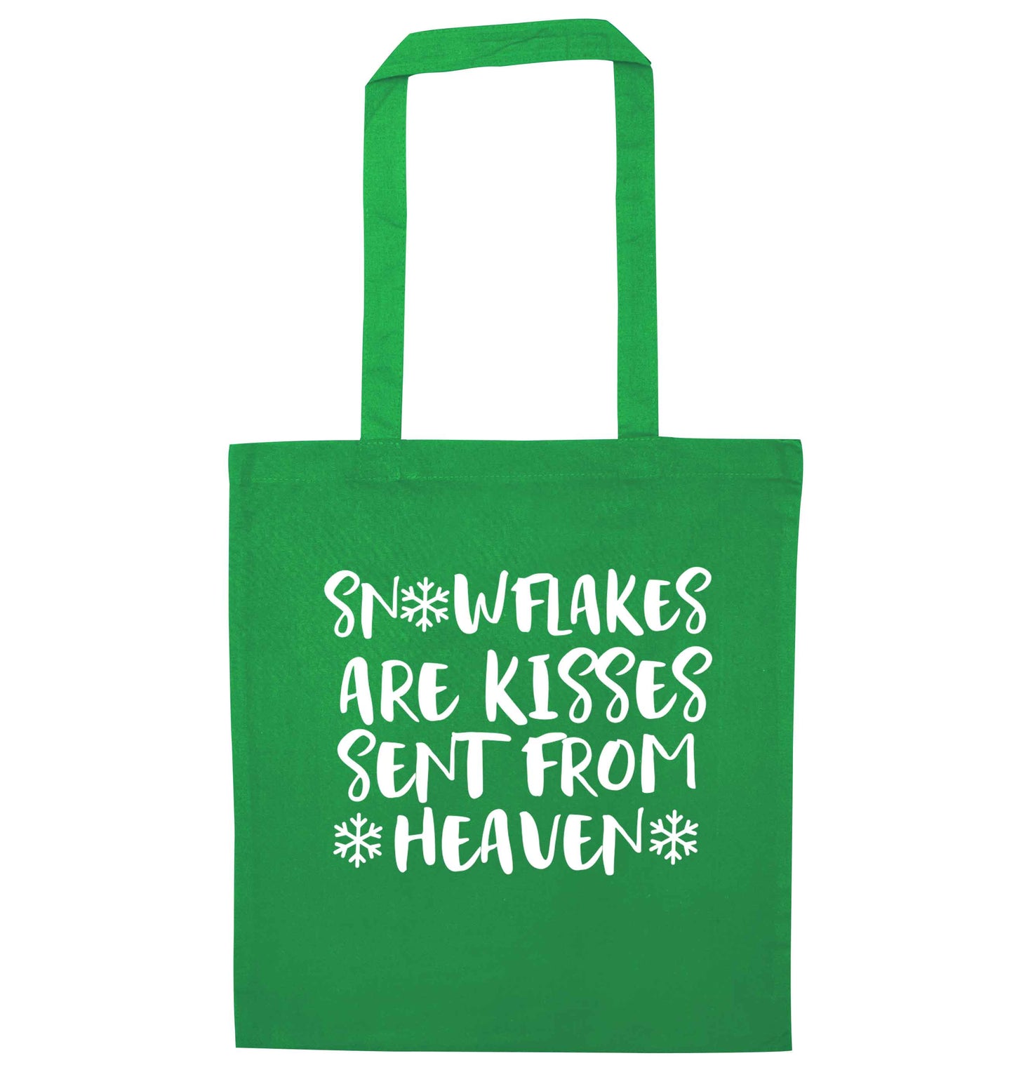 Snowflakes are kisses sent from heaven green tote bag