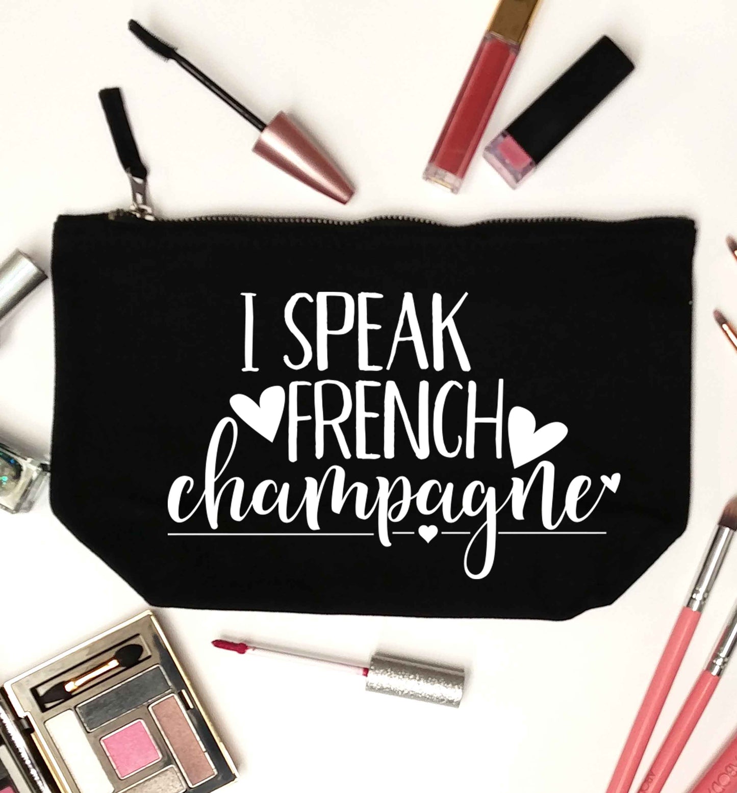 I speak french champagne black makeup bag