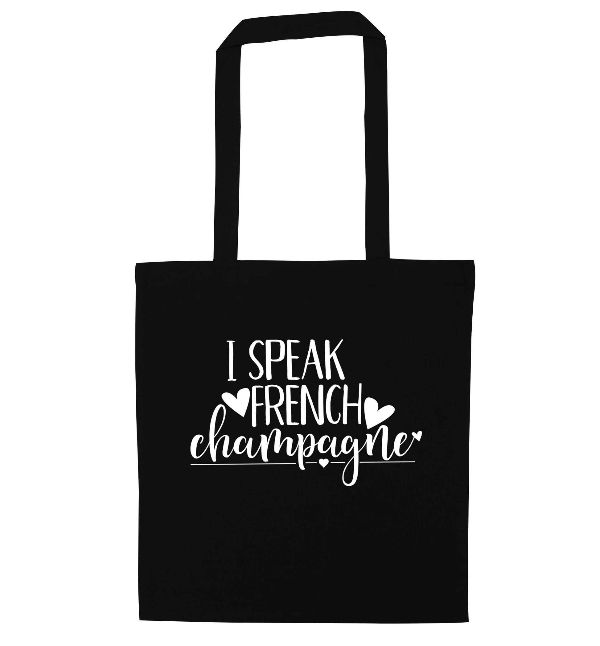 I speak french champagne black tote bag