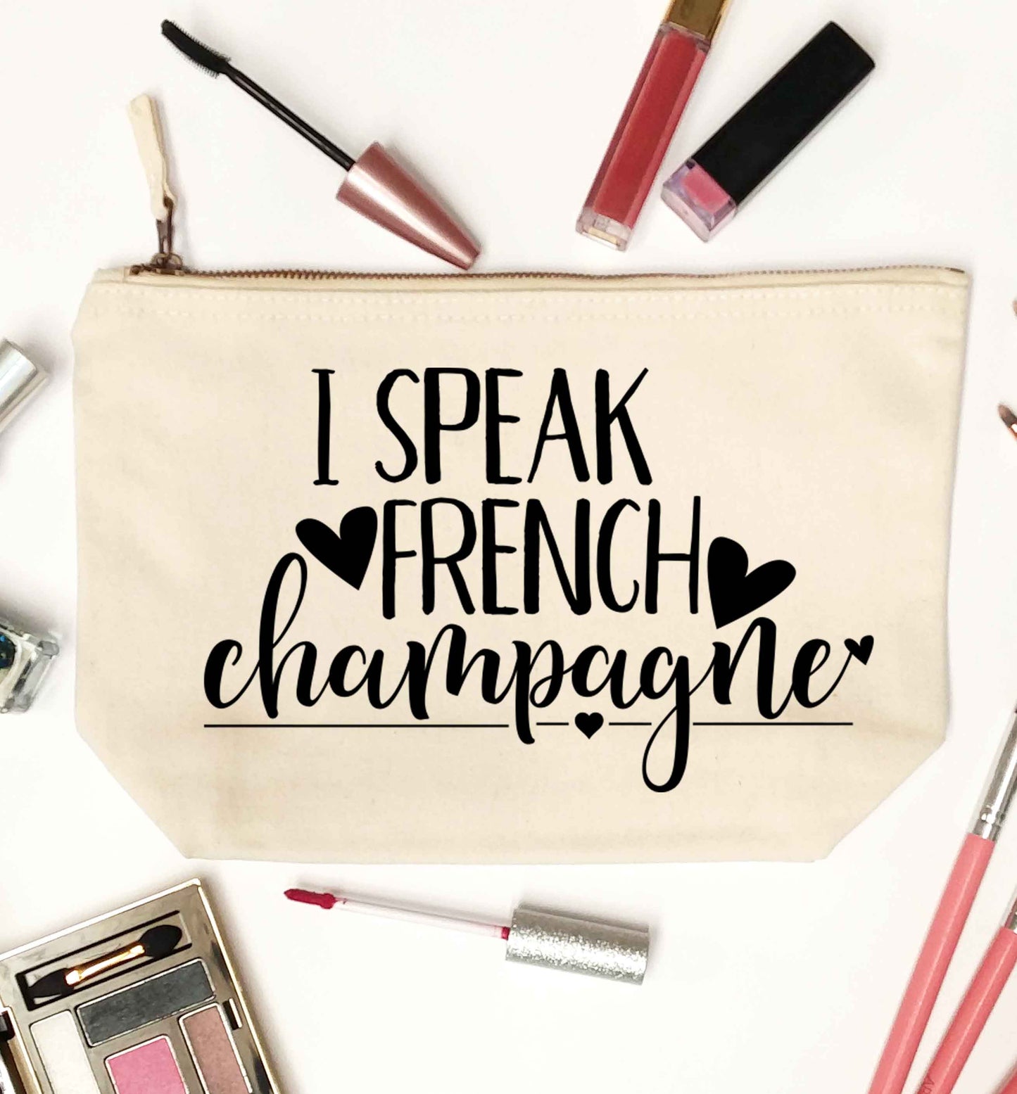 I speak french champagne natural makeup bag