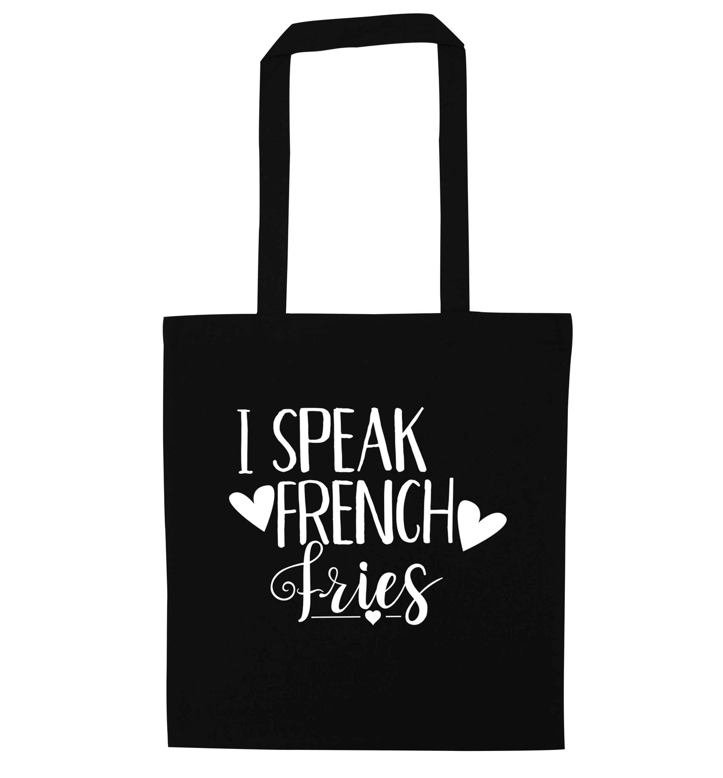I speak French fries black tote bag