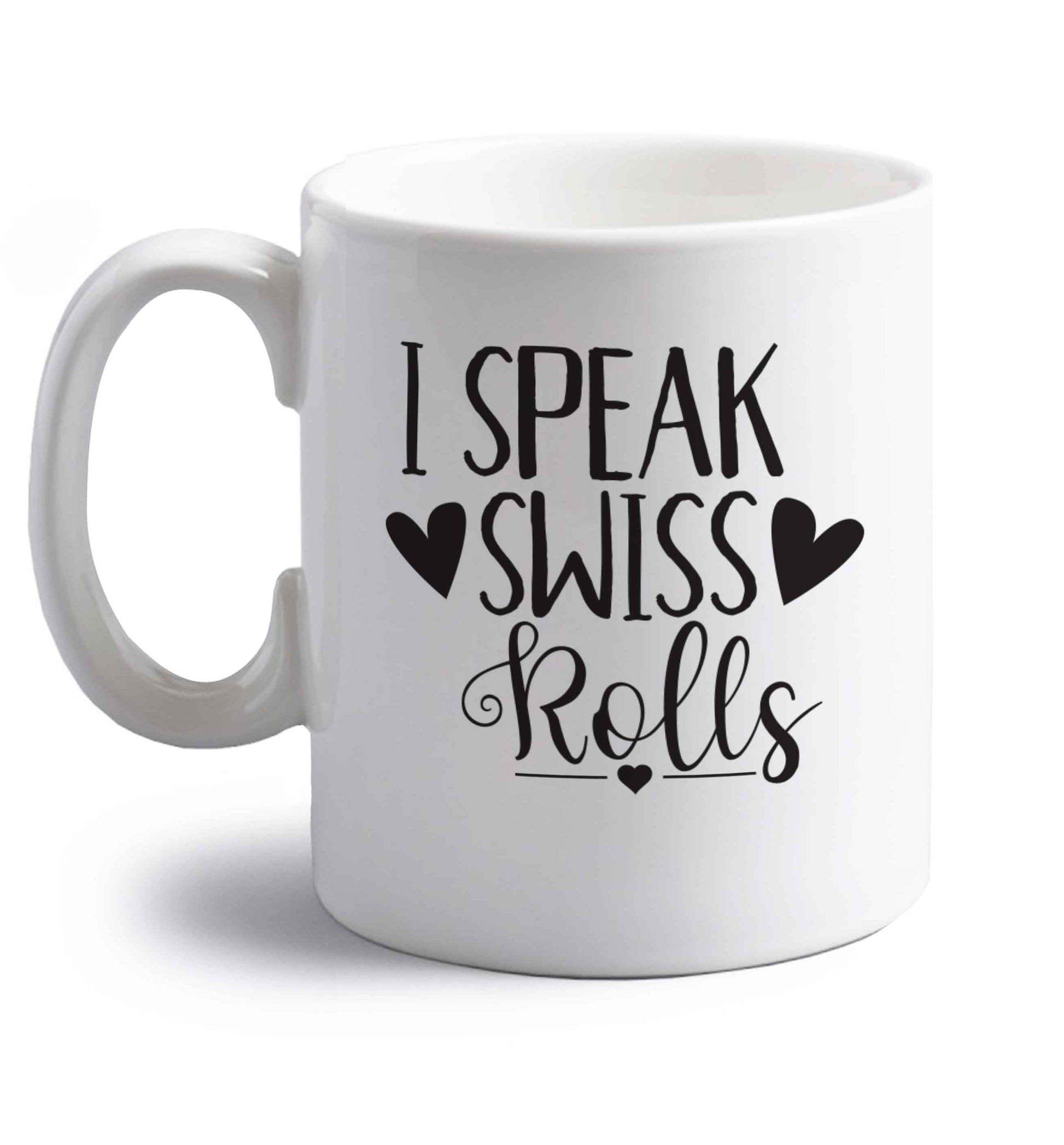 I speak swiss..rolls right handed white ceramic mug 