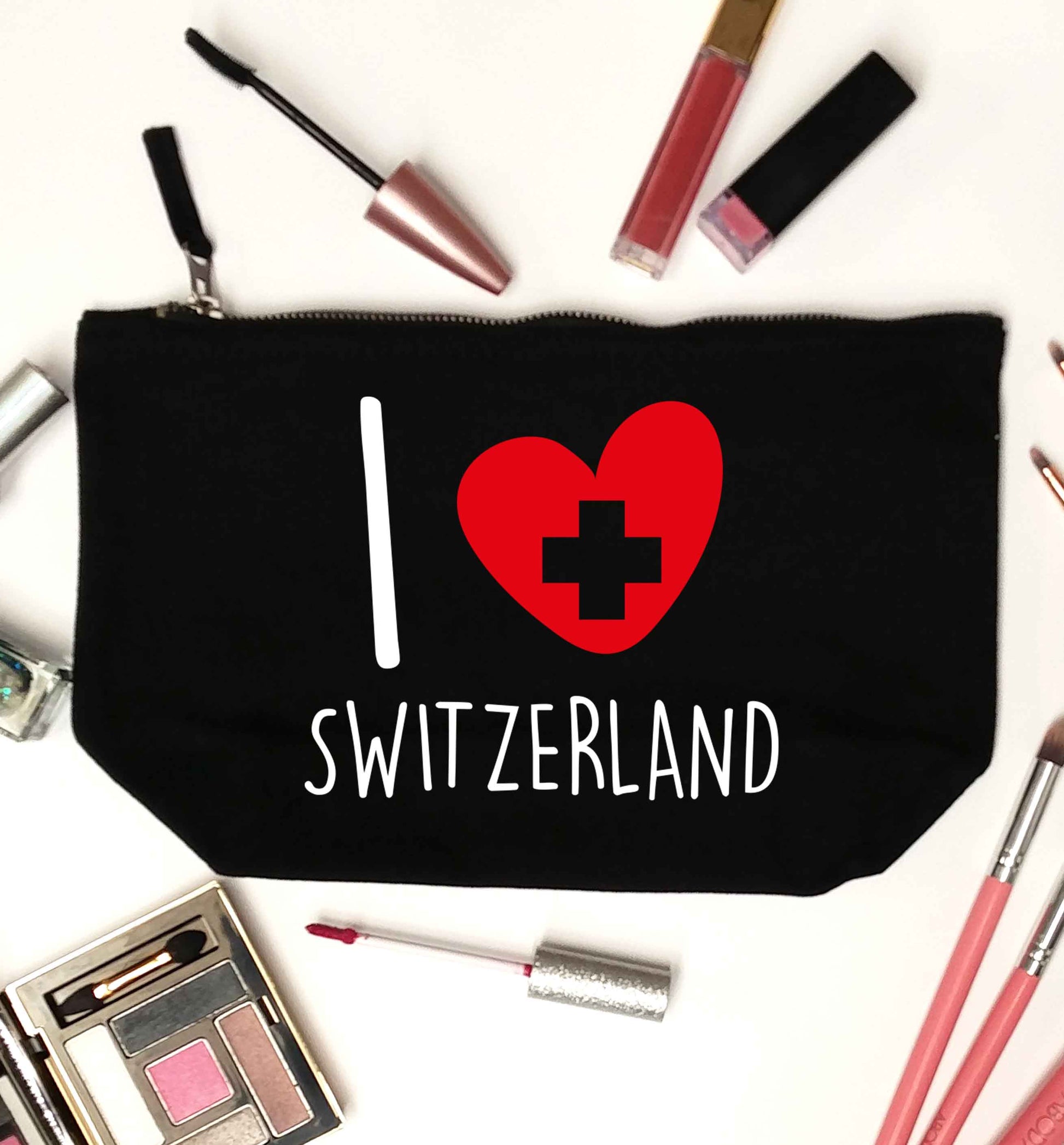 I love switzerland black makeup bag
