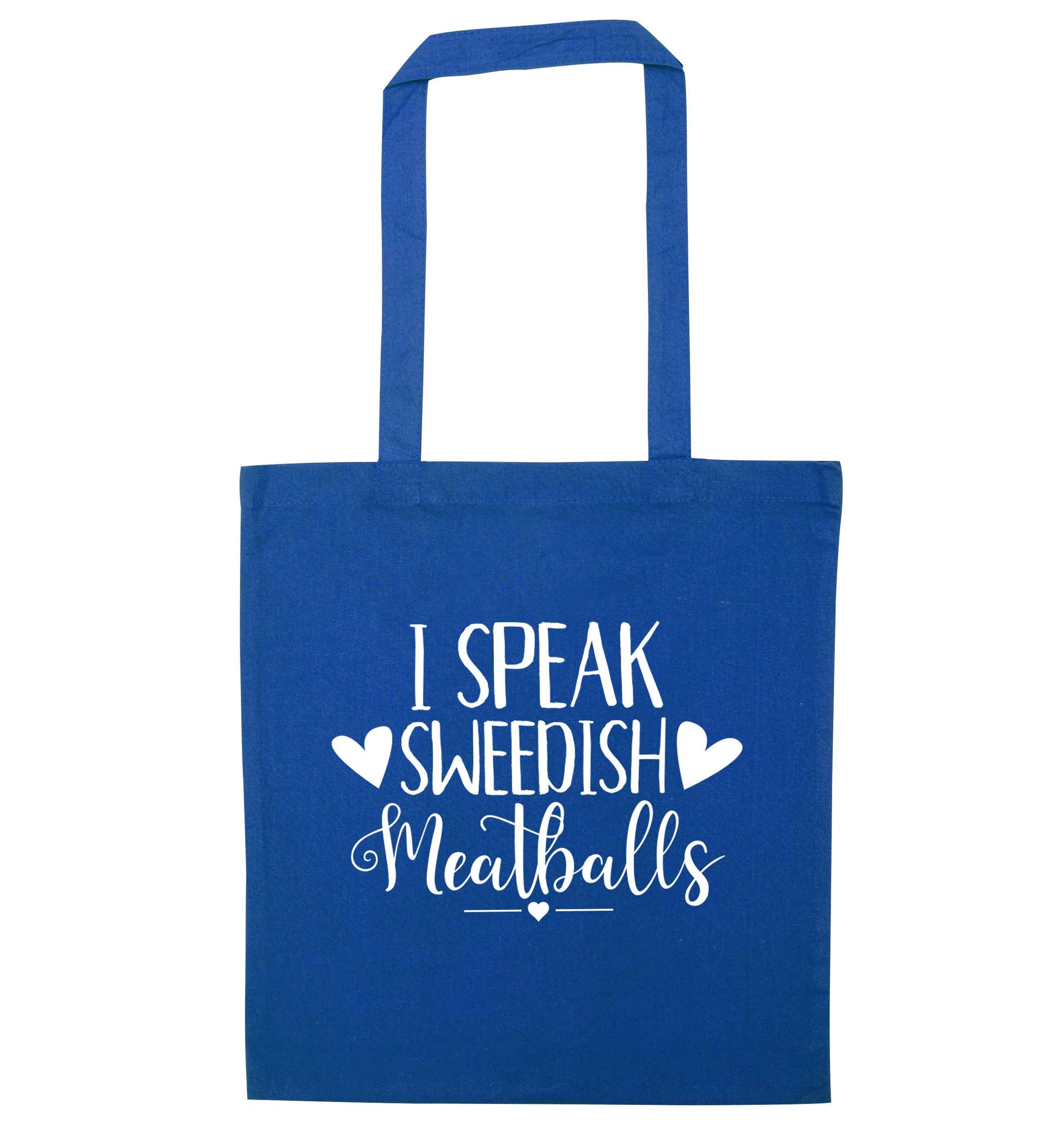 I speak sweedish...meatballs blue tote bag