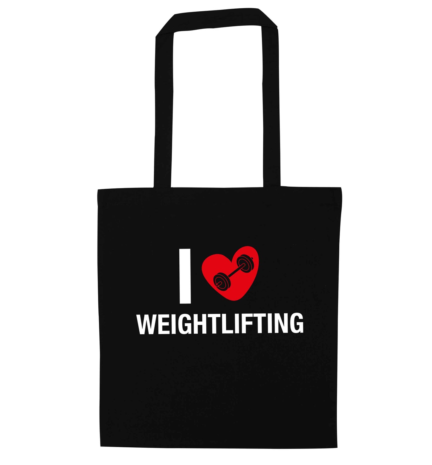 I love weightlifting black tote bag