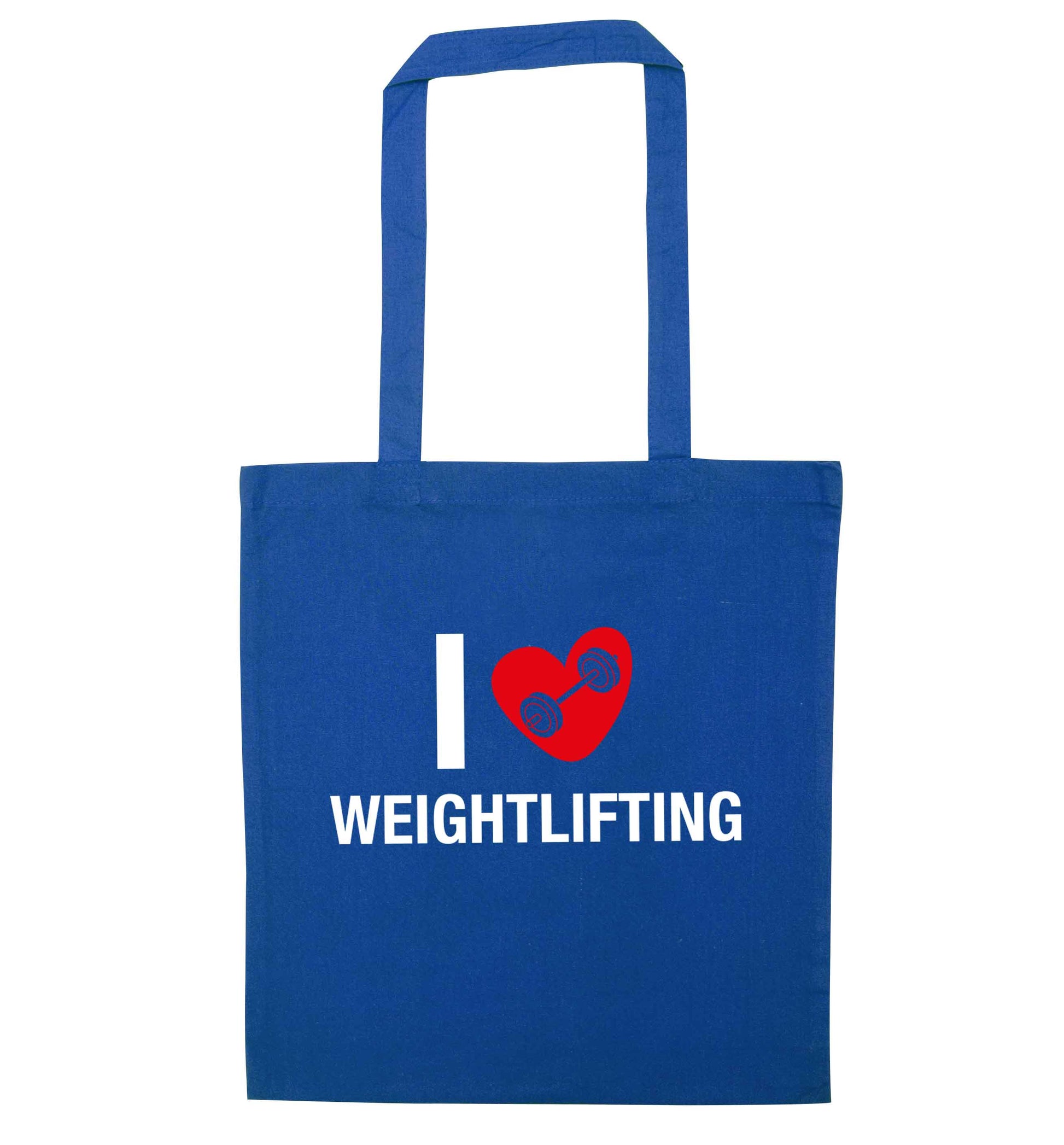 I love weightlifting blue tote bag