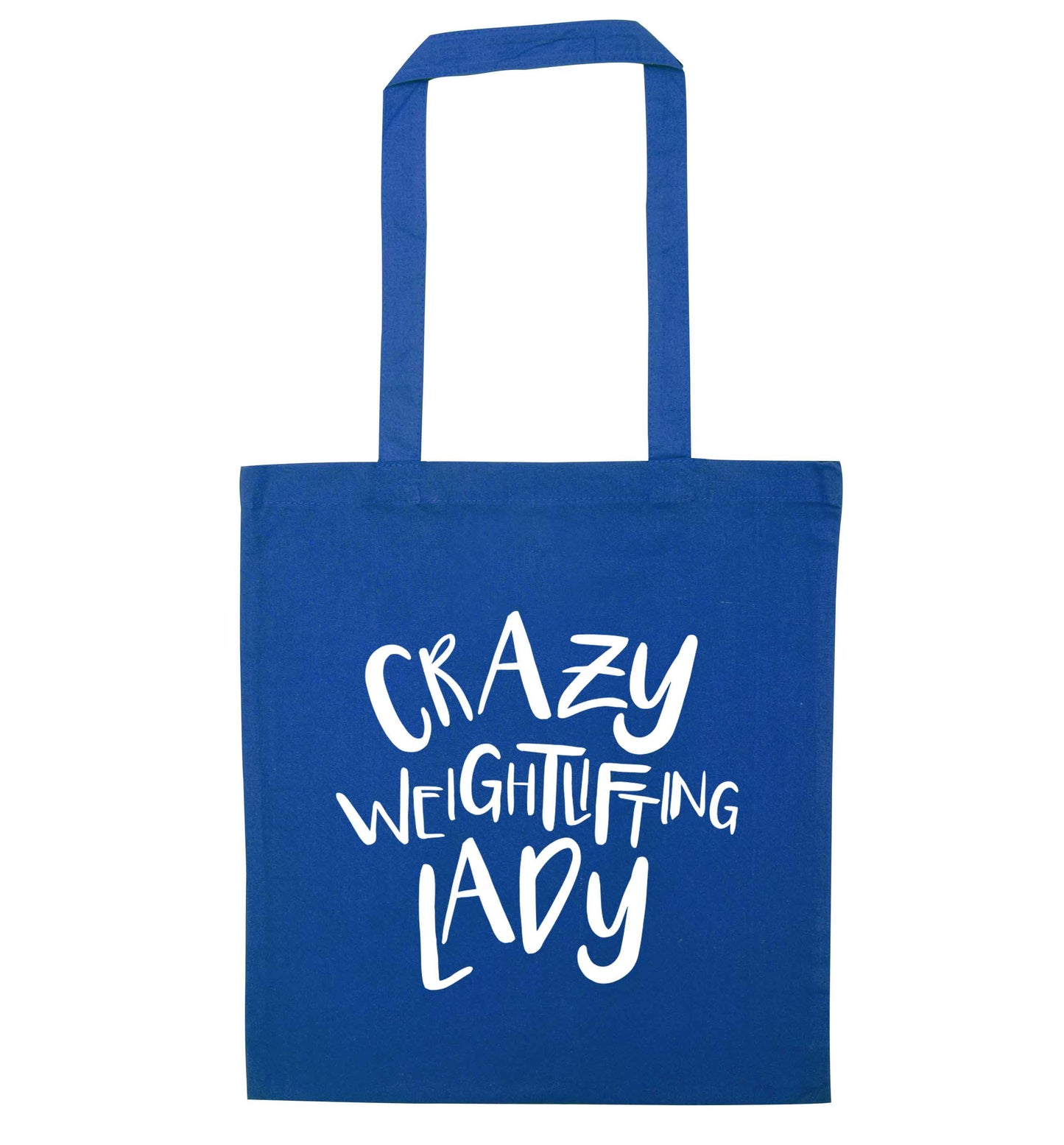 Crazy weightlifting lady blue tote bag