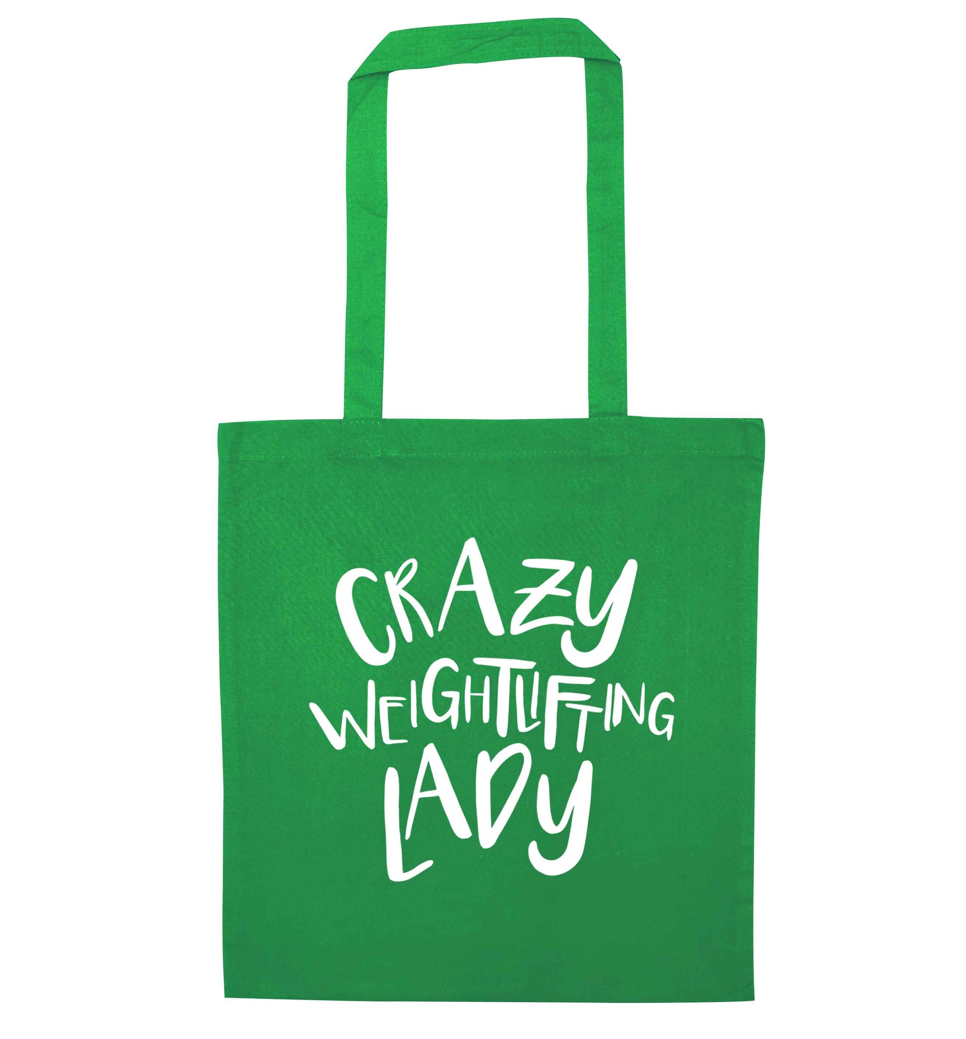 Crazy weightlifting lady green tote bag