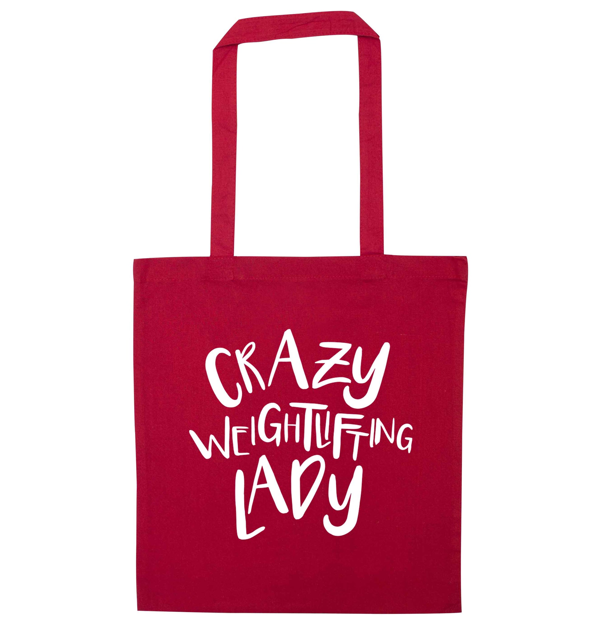 Crazy weightlifting lady red tote bag