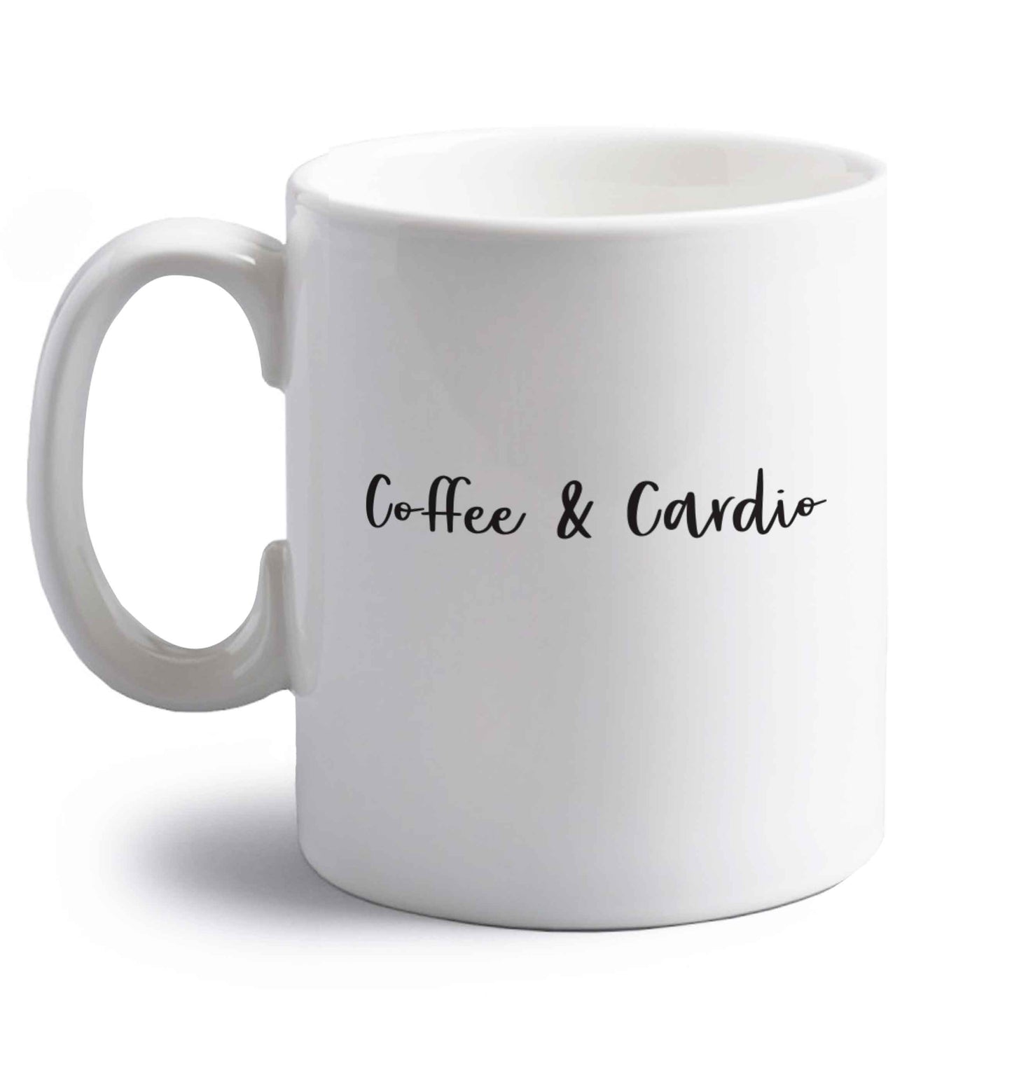 Coffee and cardio right handed white ceramic mug 