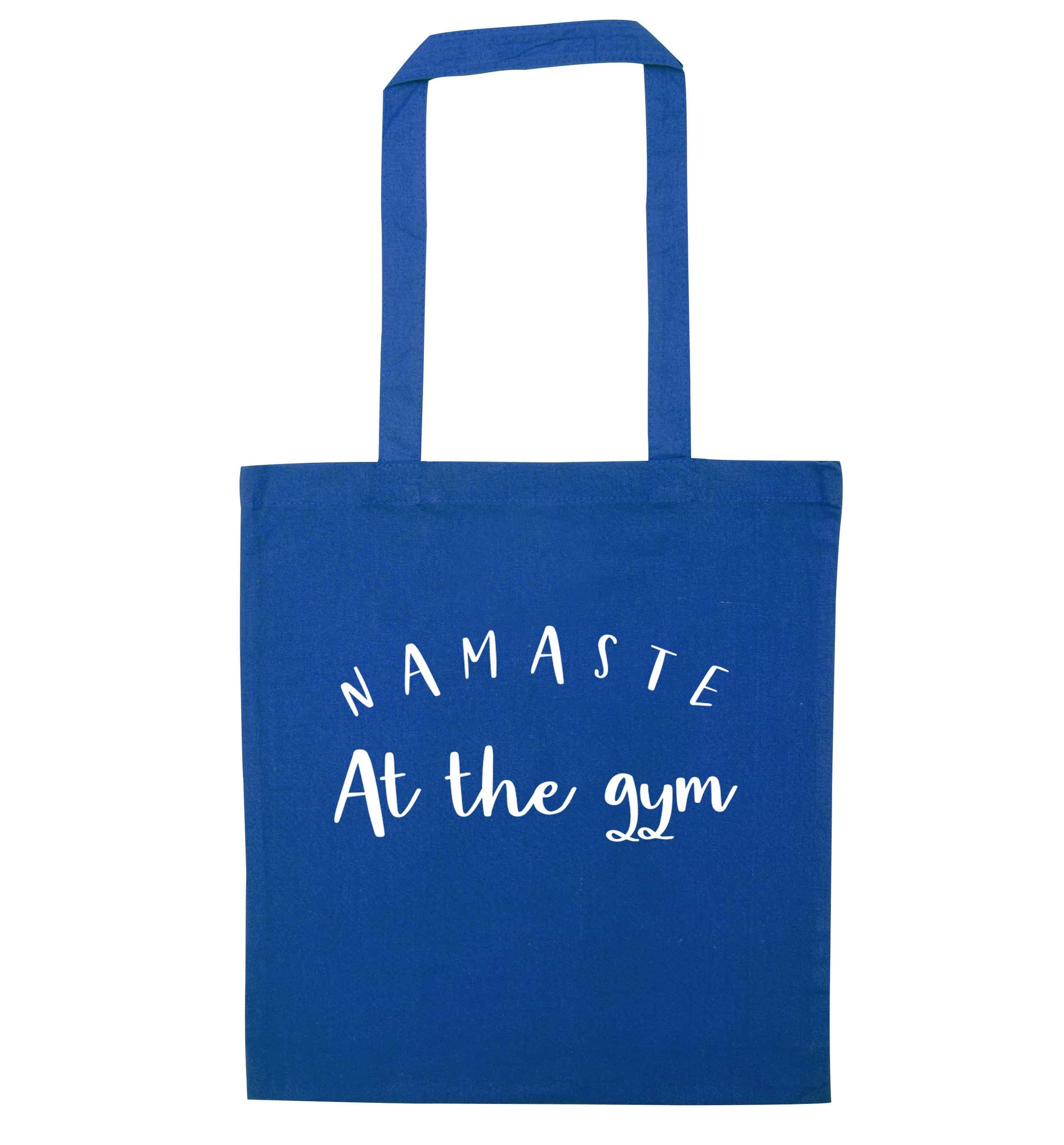 Namaste at the gym blue tote bag