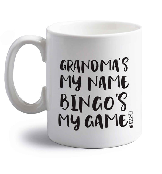 Grandma's my name bingo's my game! right handed white ceramic mug 