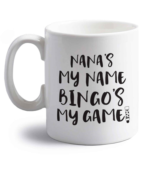 Nana's my name bingo's my game! right handed white ceramic mug 
