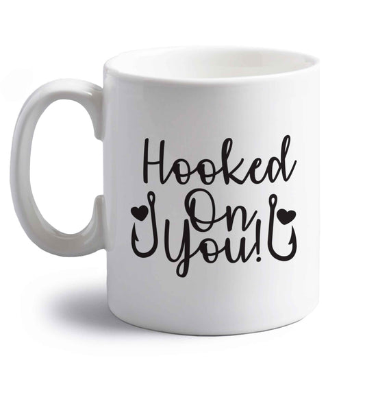 Hooked on you right handed white ceramic mug 