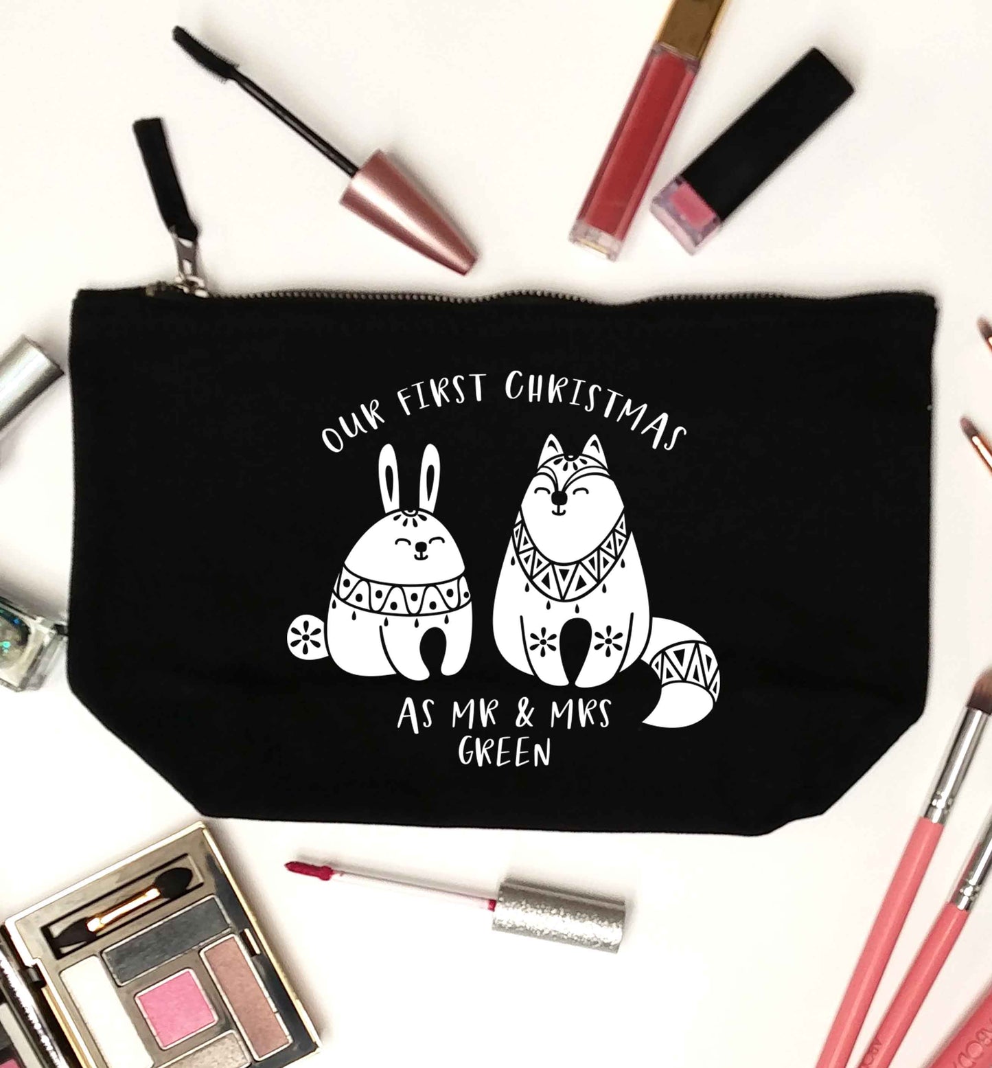 Our first Christmas as Mr & Mrs personalised black makeup bag