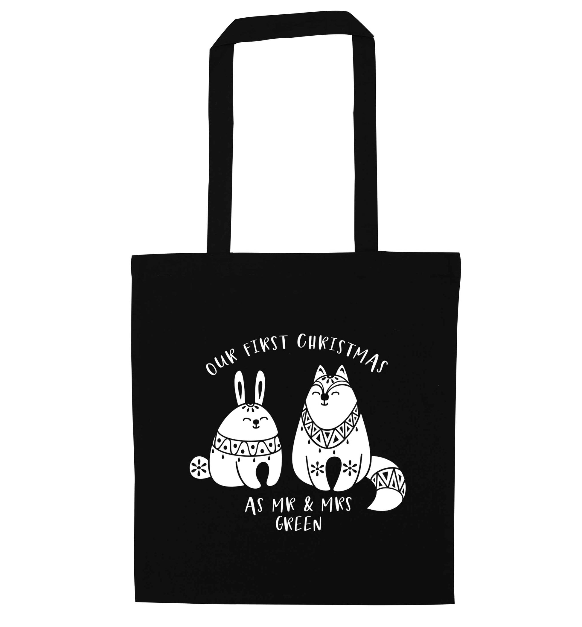 Our first Christmas as Mr & Mrs personalised black tote bag