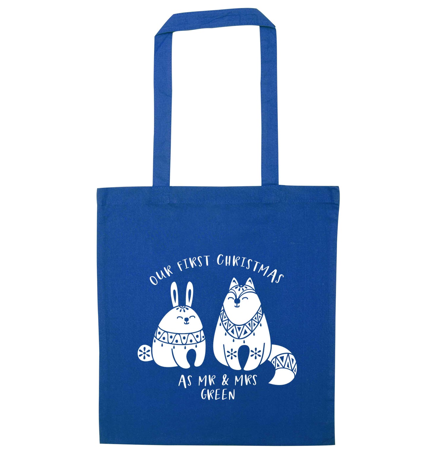 Our first Christmas as Mr & Mrs personalised blue tote bag