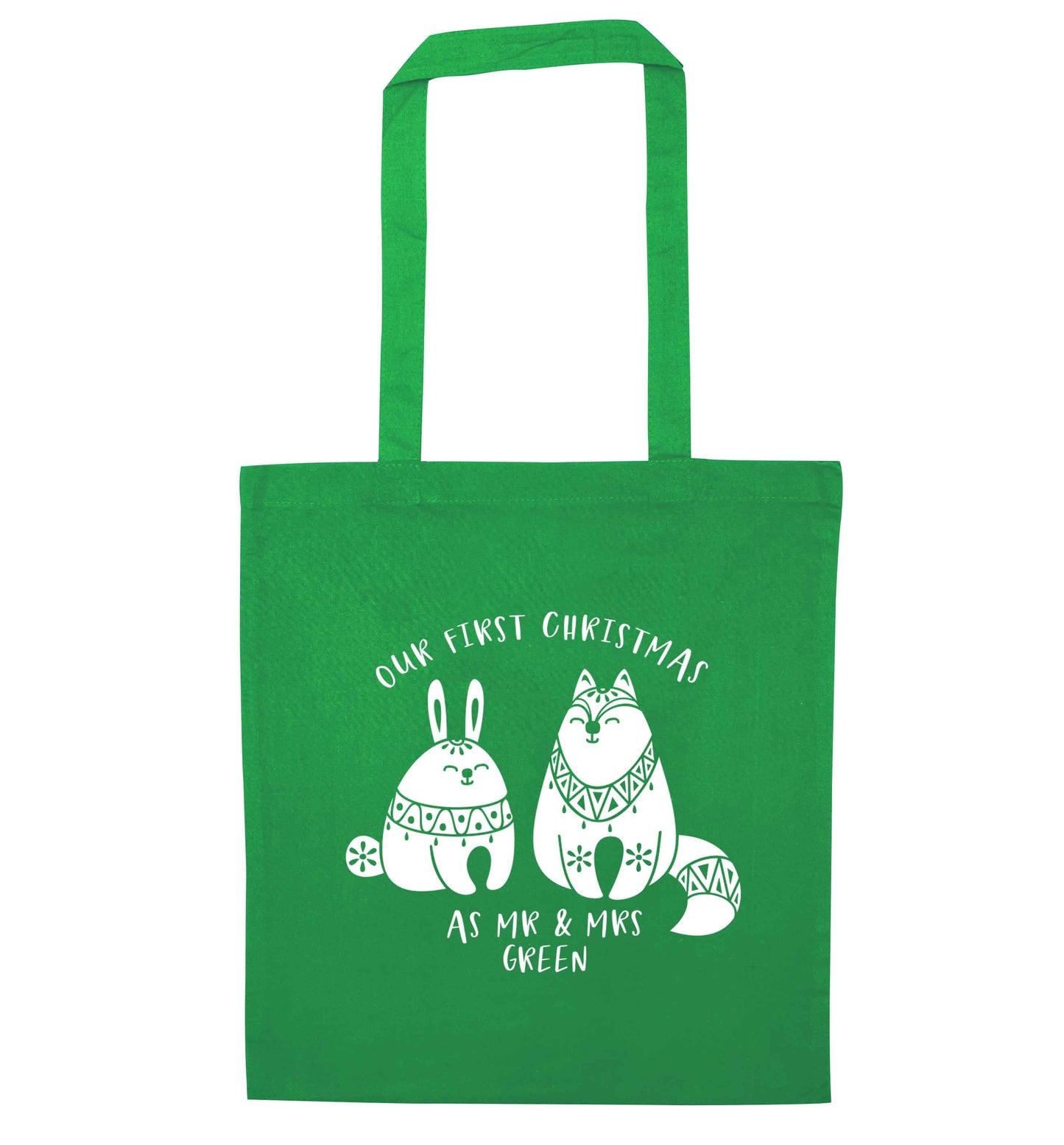 Our first Christmas as Mr & Mrs personalised green tote bag