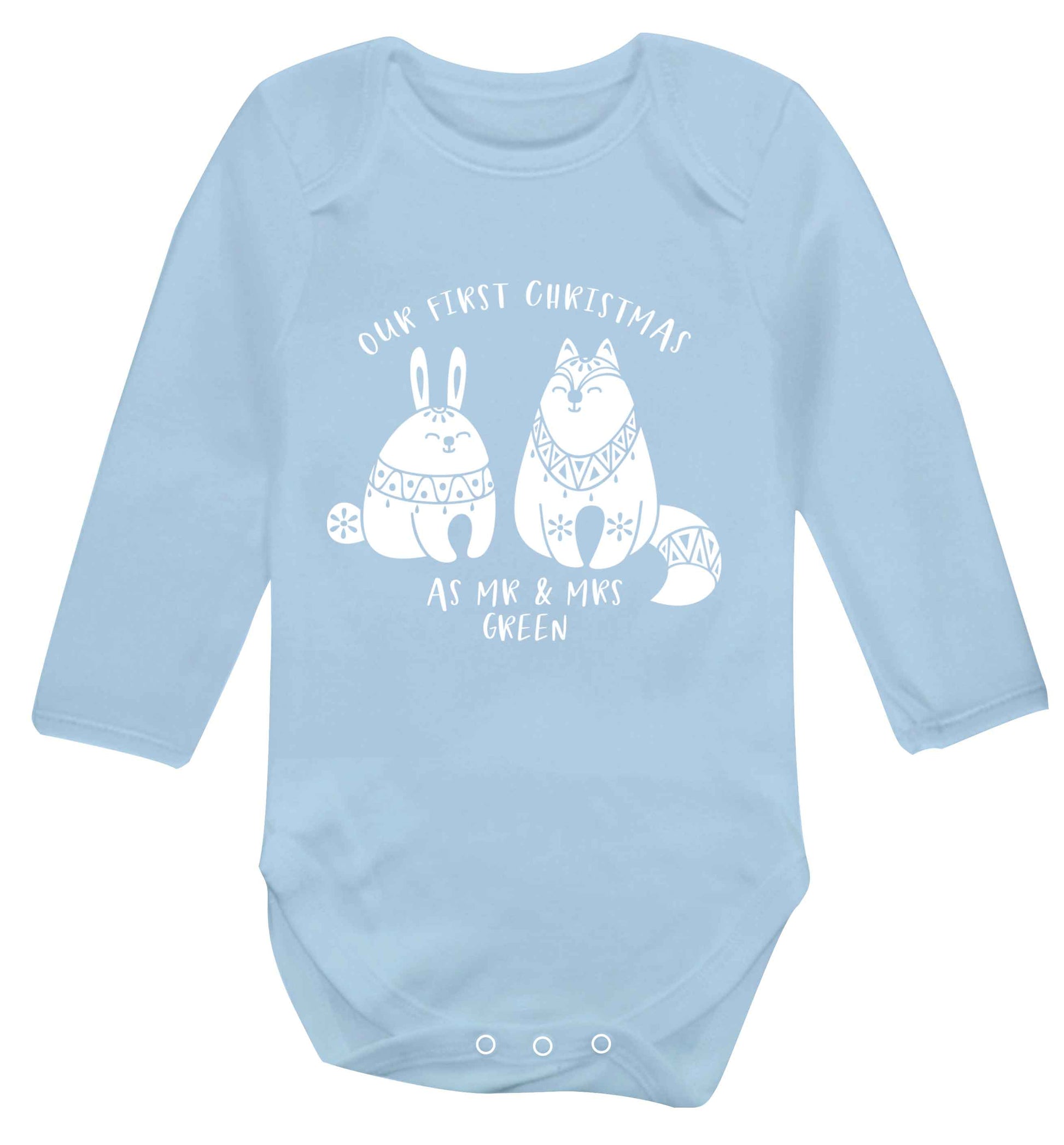 Our first Christmas as Mr & Mrs personalised Baby Vest long sleeved pale blue 6-12 months