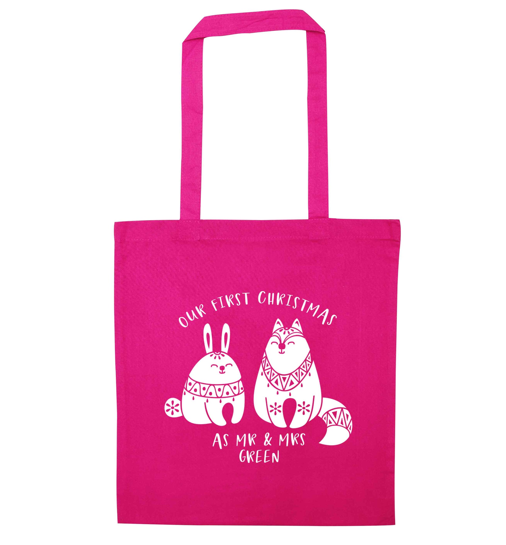 Our first Christmas as Mr & Mrs personalised pink tote bag