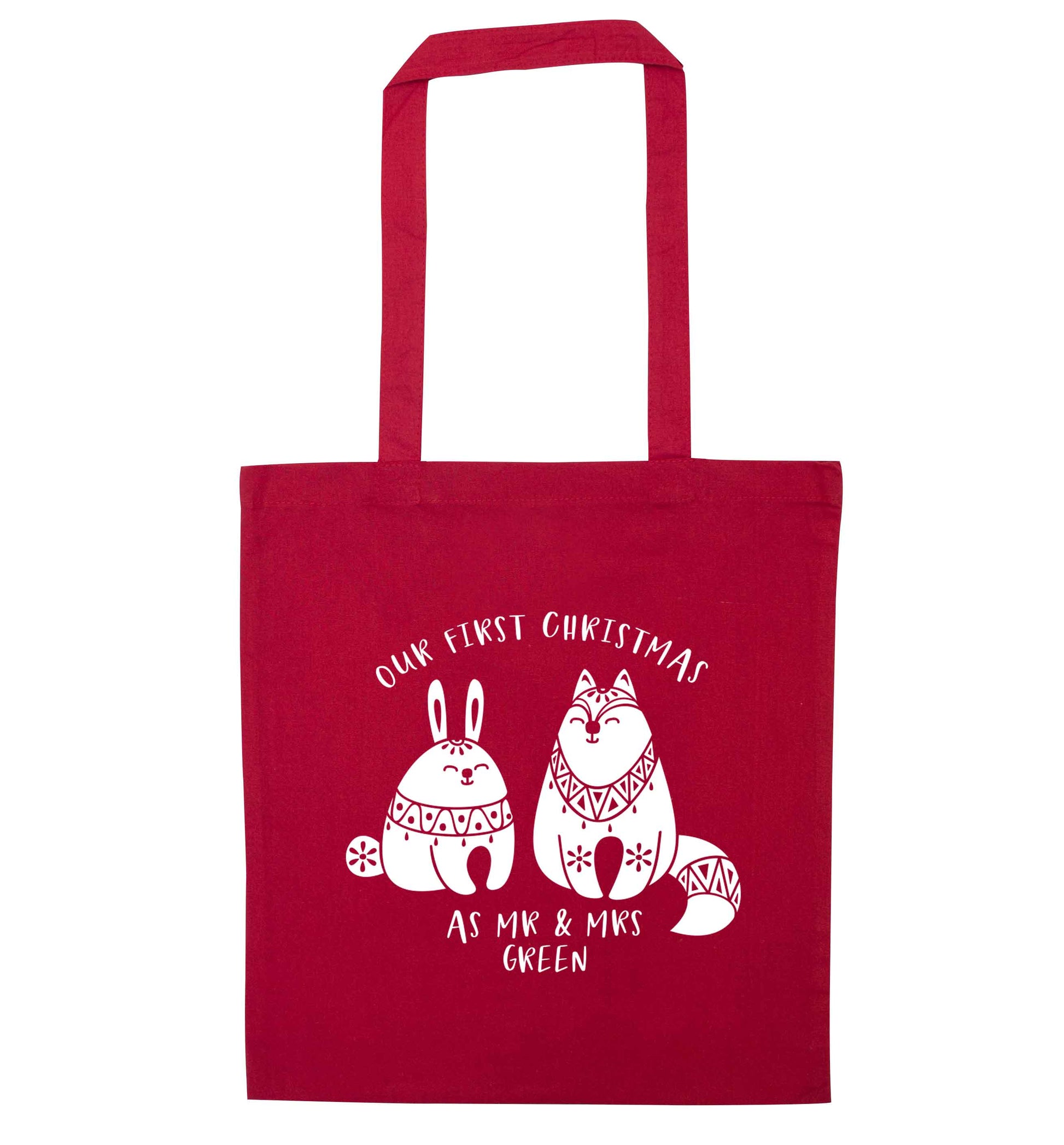Our first Christmas as Mr & Mrs personalised red tote bag