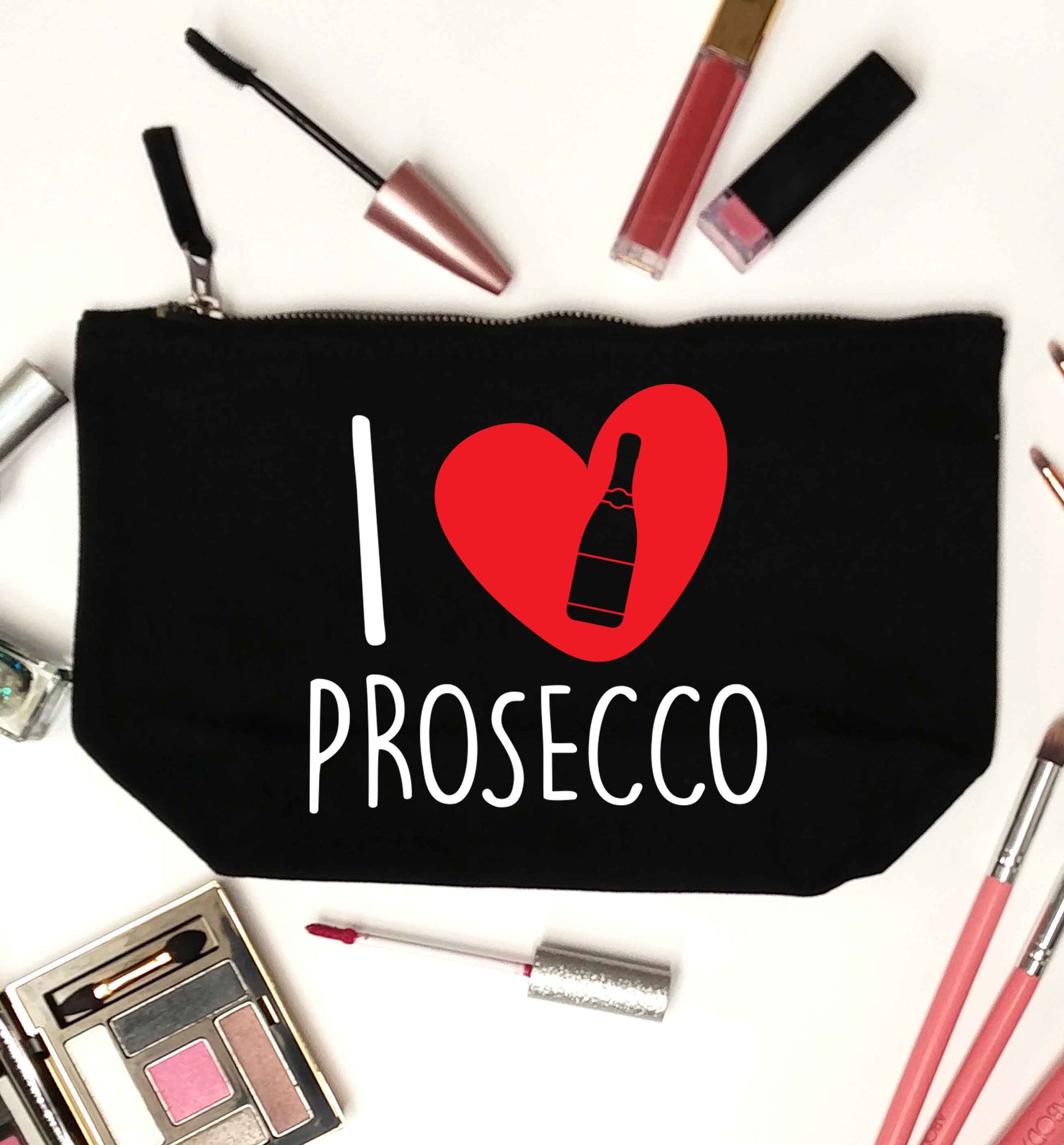 I love prosecco black makeup bag
