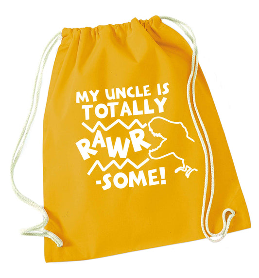 My uncle is totally rawrsome mustard drawstring bag