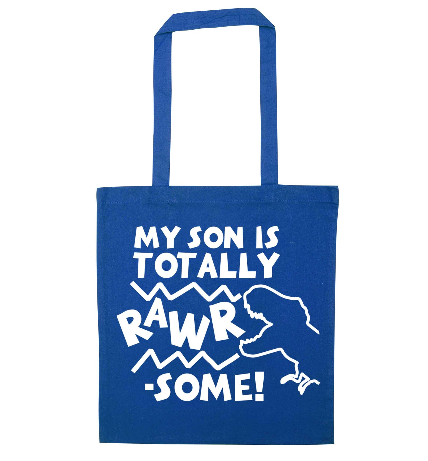 My son is totally rawrsome blue tote bag
