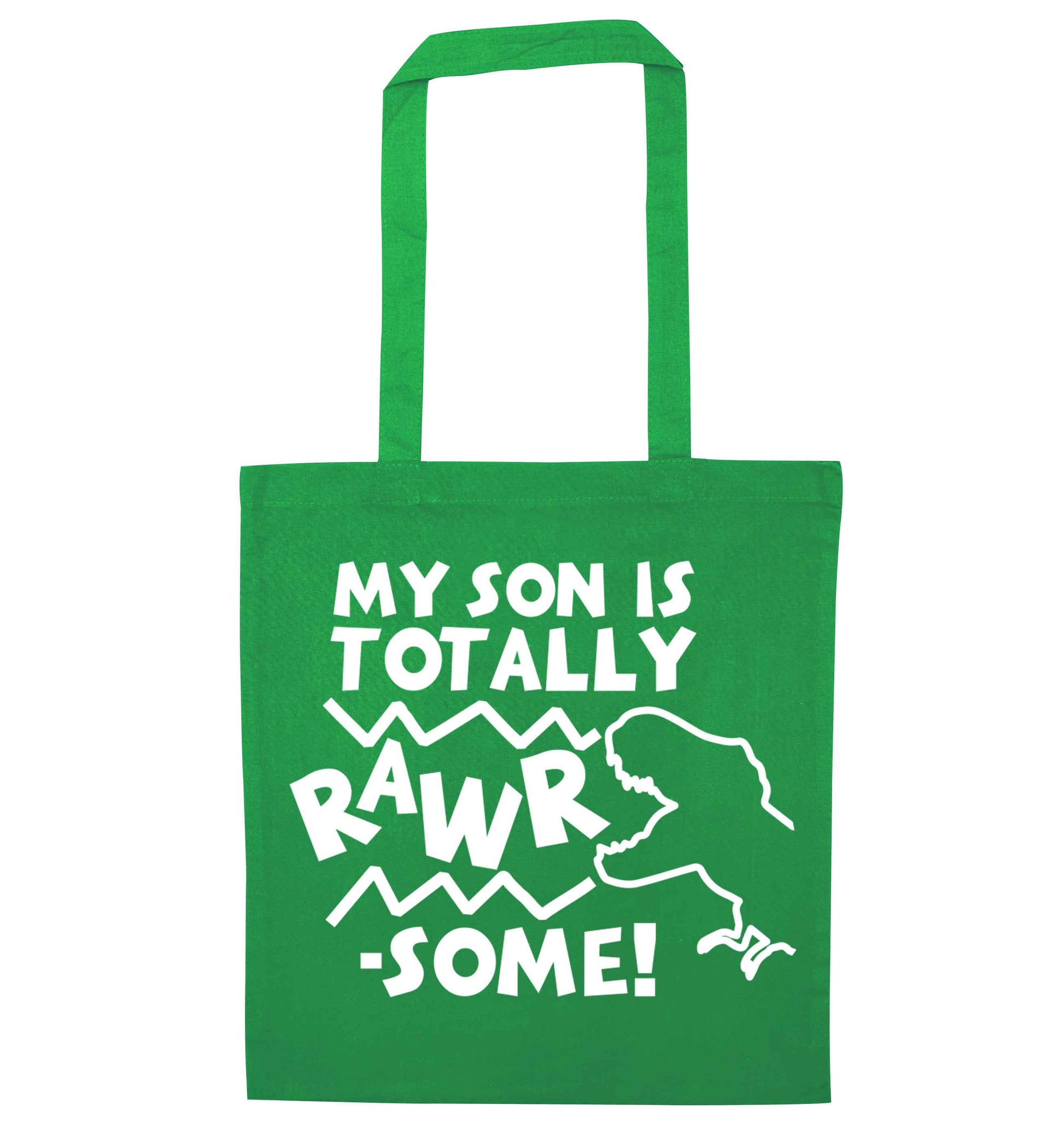 My son is totally rawrsome green tote bag