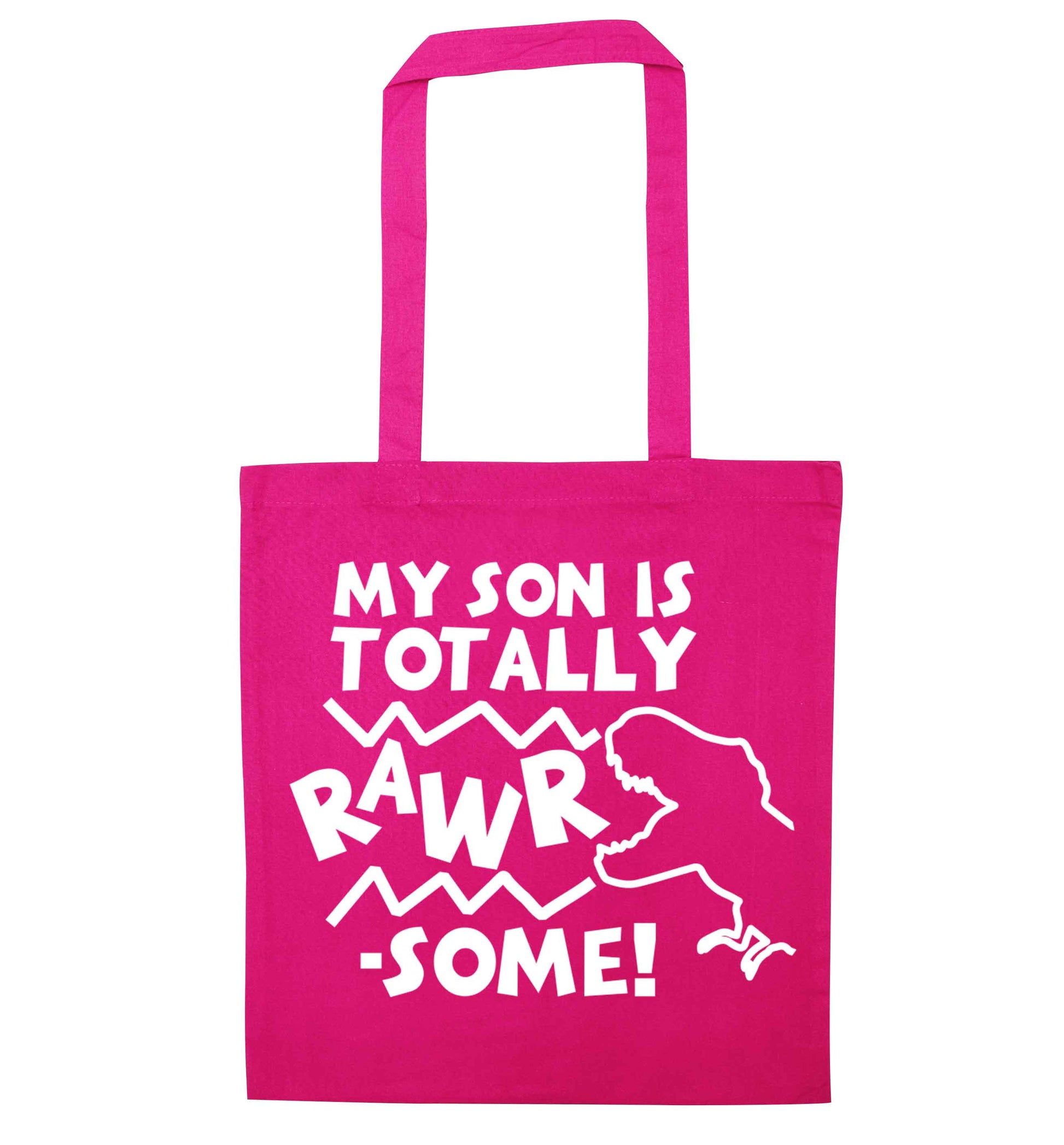 My son is totally rawrsome pink tote bag