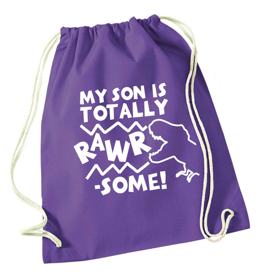 My son is totally rawrsome purple drawstring bag