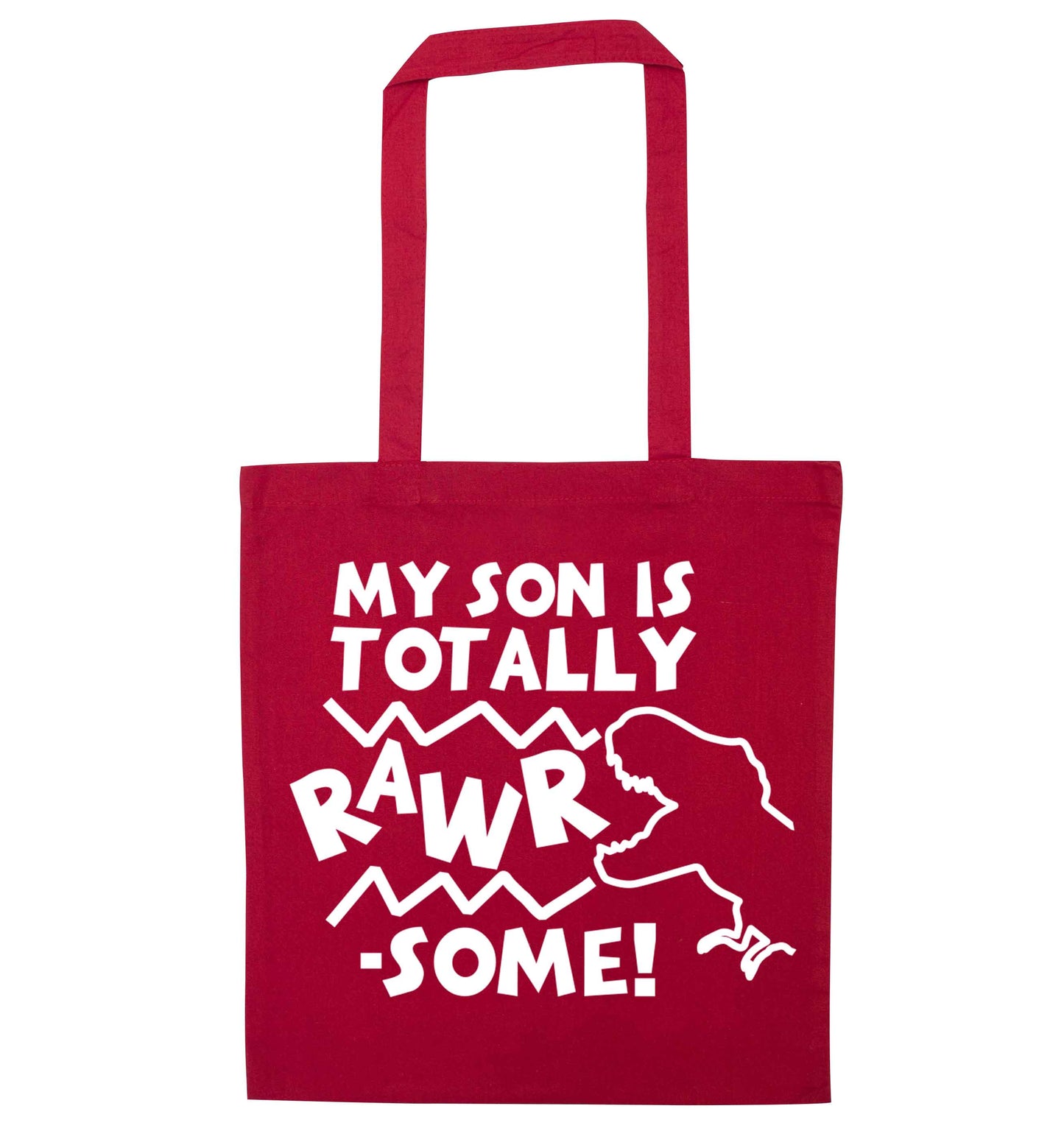 My son is totally rawrsome red tote bag