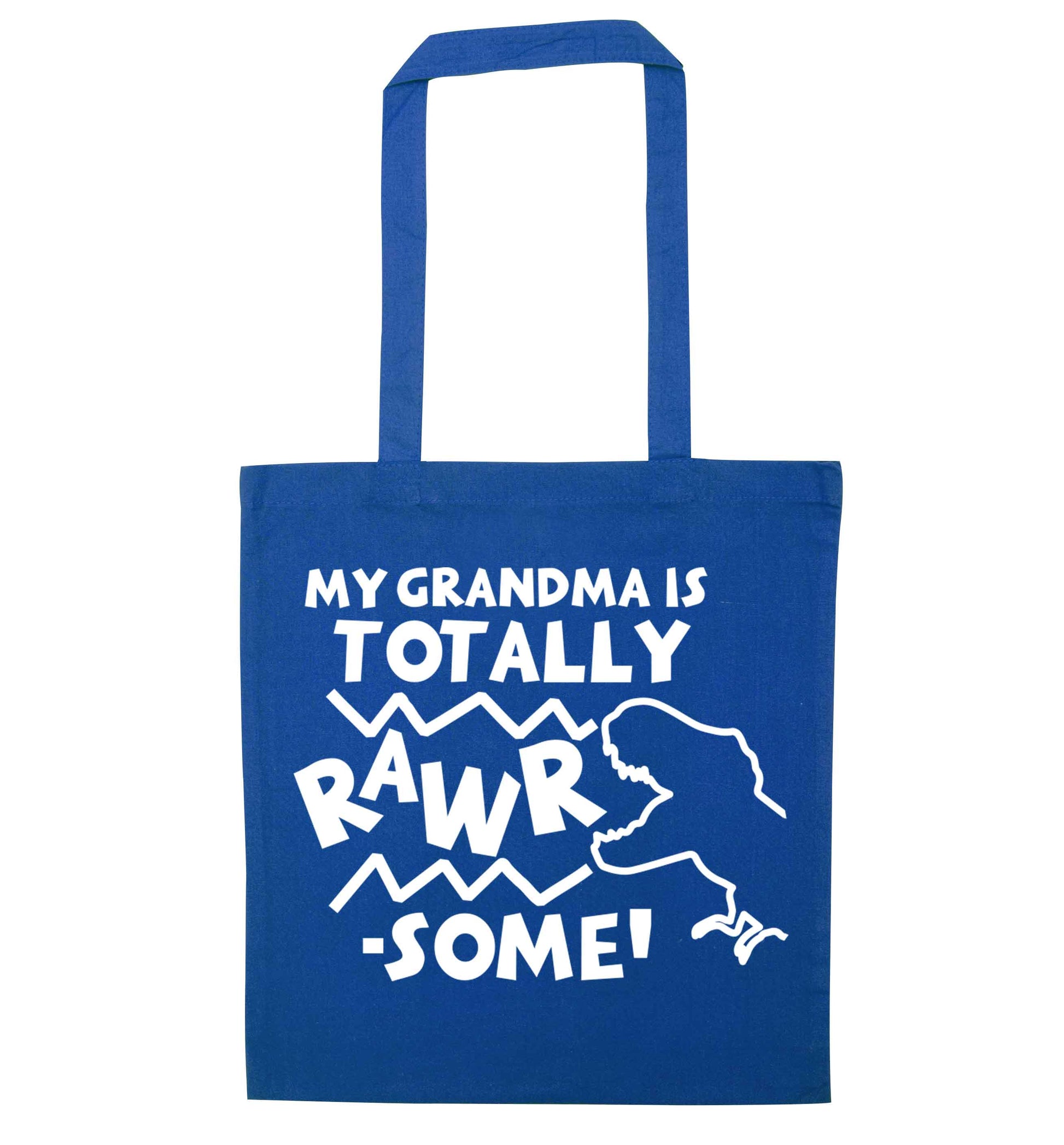 My grandma is totally rawrsome blue tote bag