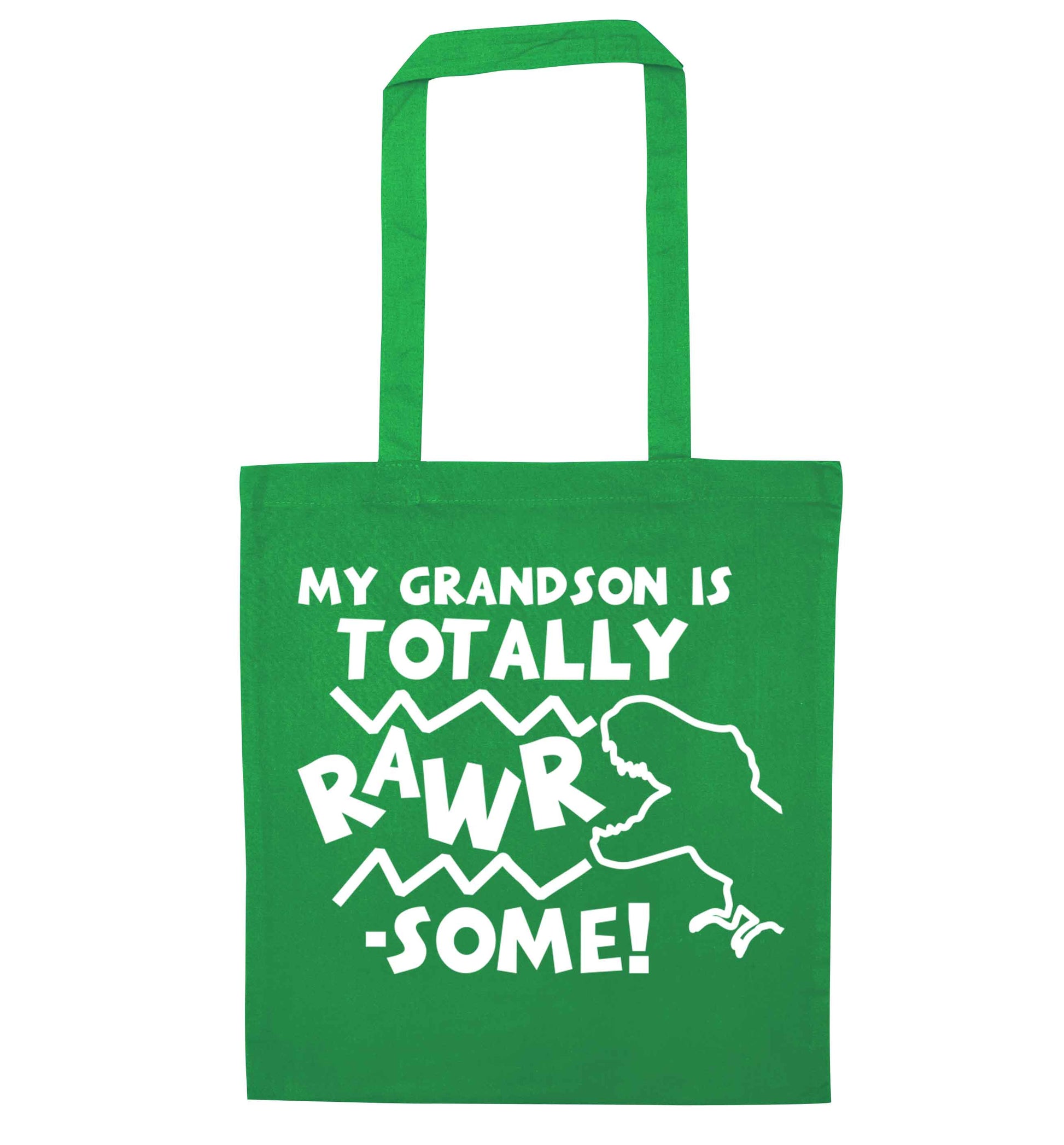 My grandson is totally rawrsome green tote bag