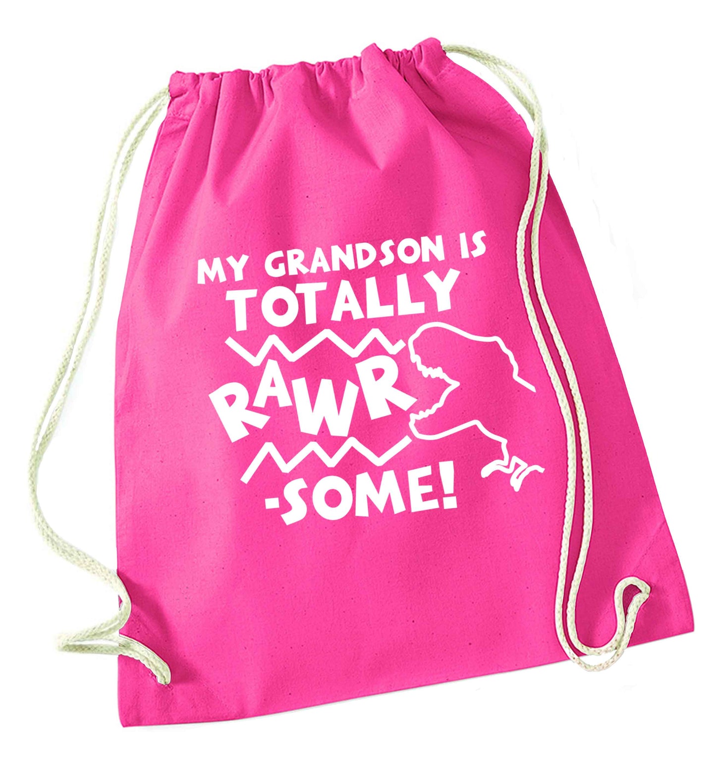 My grandson is totally rawrsome pink drawstring bag