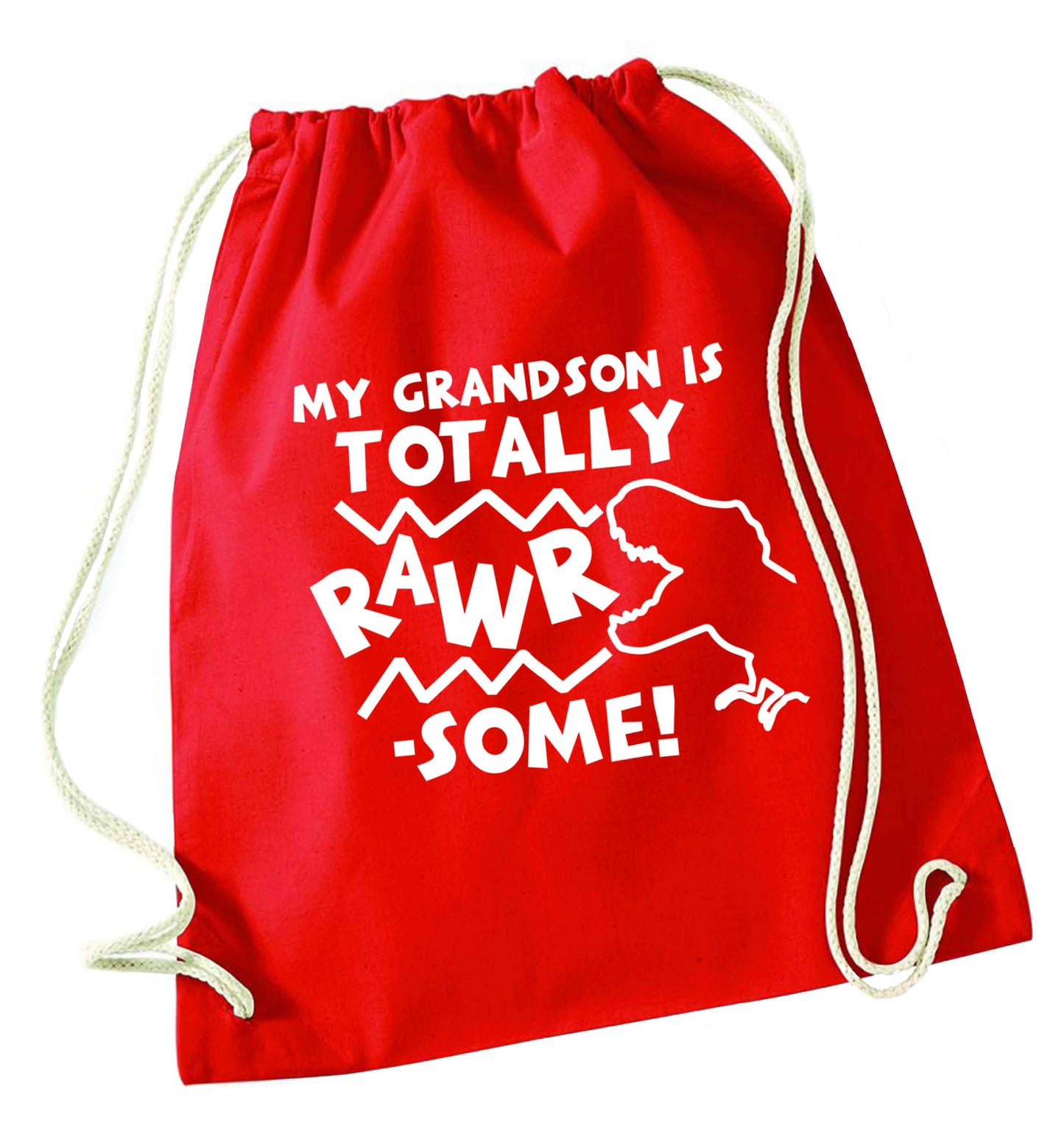 My grandson is totally rawrsome red drawstring bag 