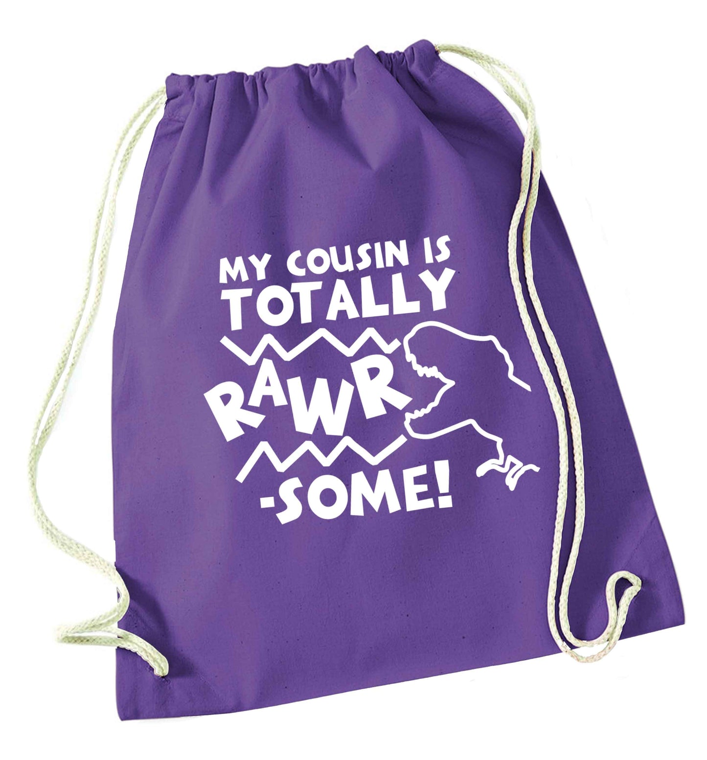 My cousin is totally rawrsome purple drawstring bag