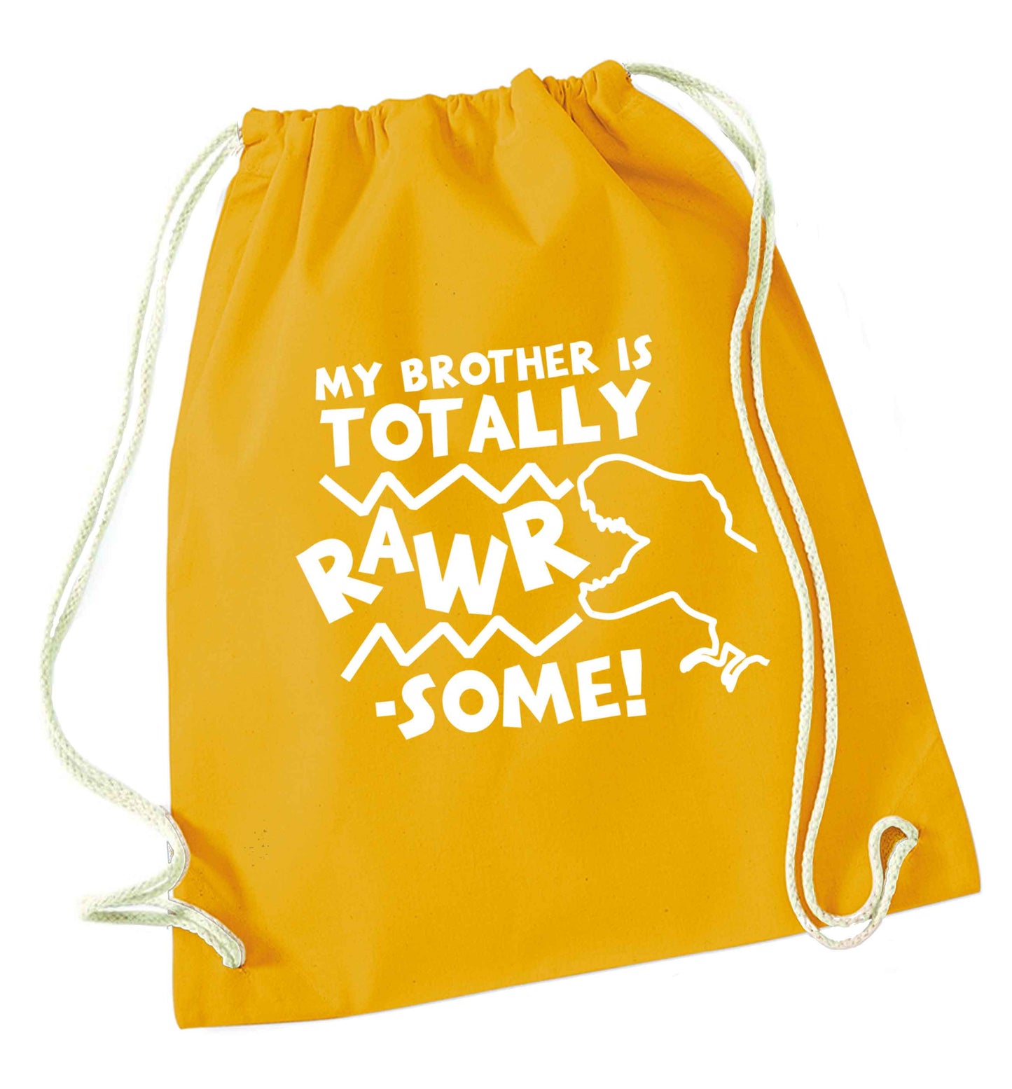 My brother is totally rawrsome mustard drawstring bag