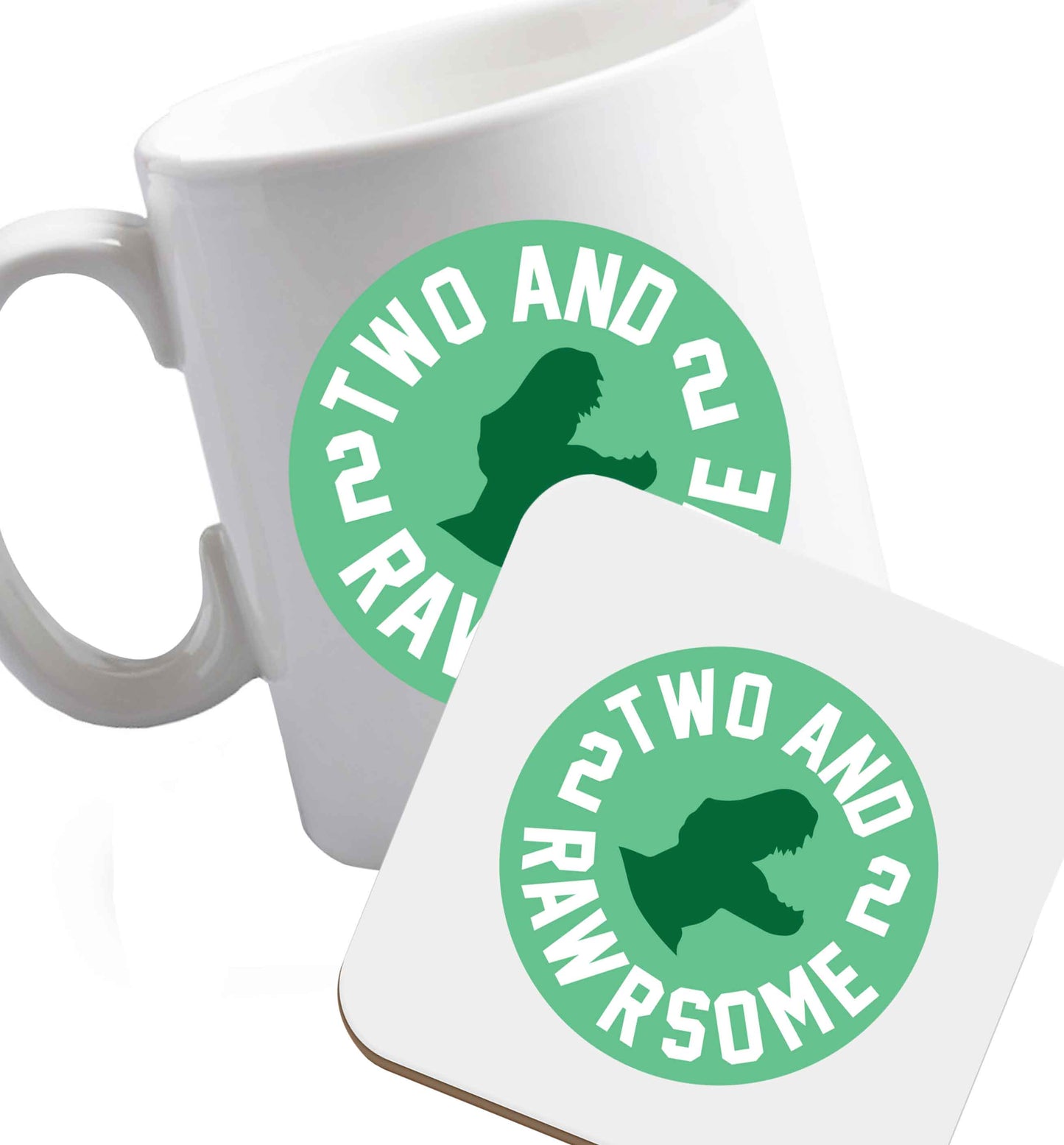 10 oz Two and rawrsome ceramic mug and coaster set right handed