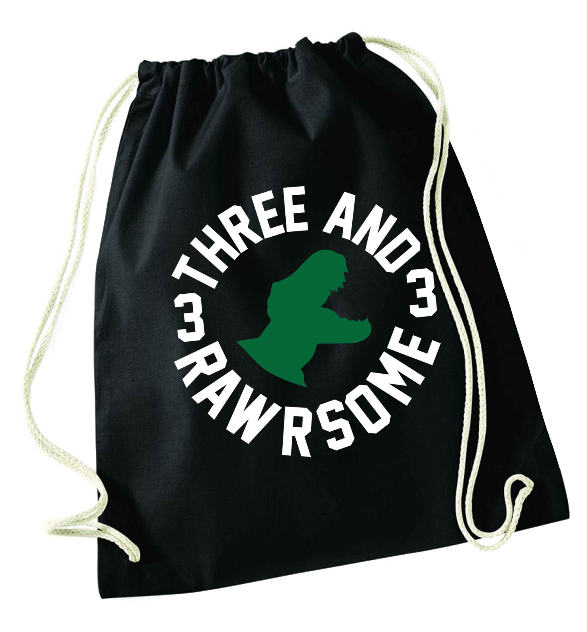 Three and rawrsome black drawstring bag
