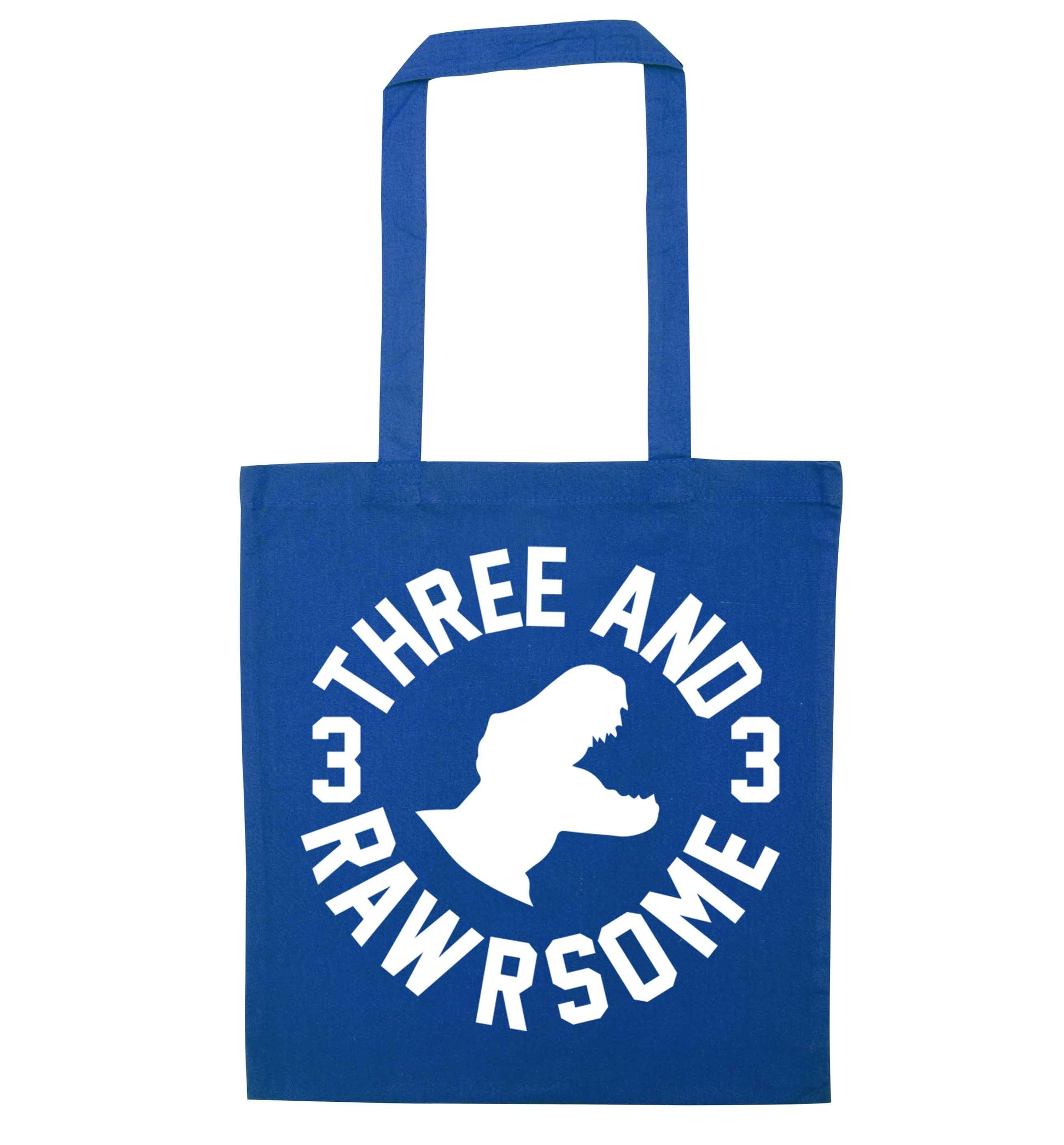 Three and rawrsome blue tote bag