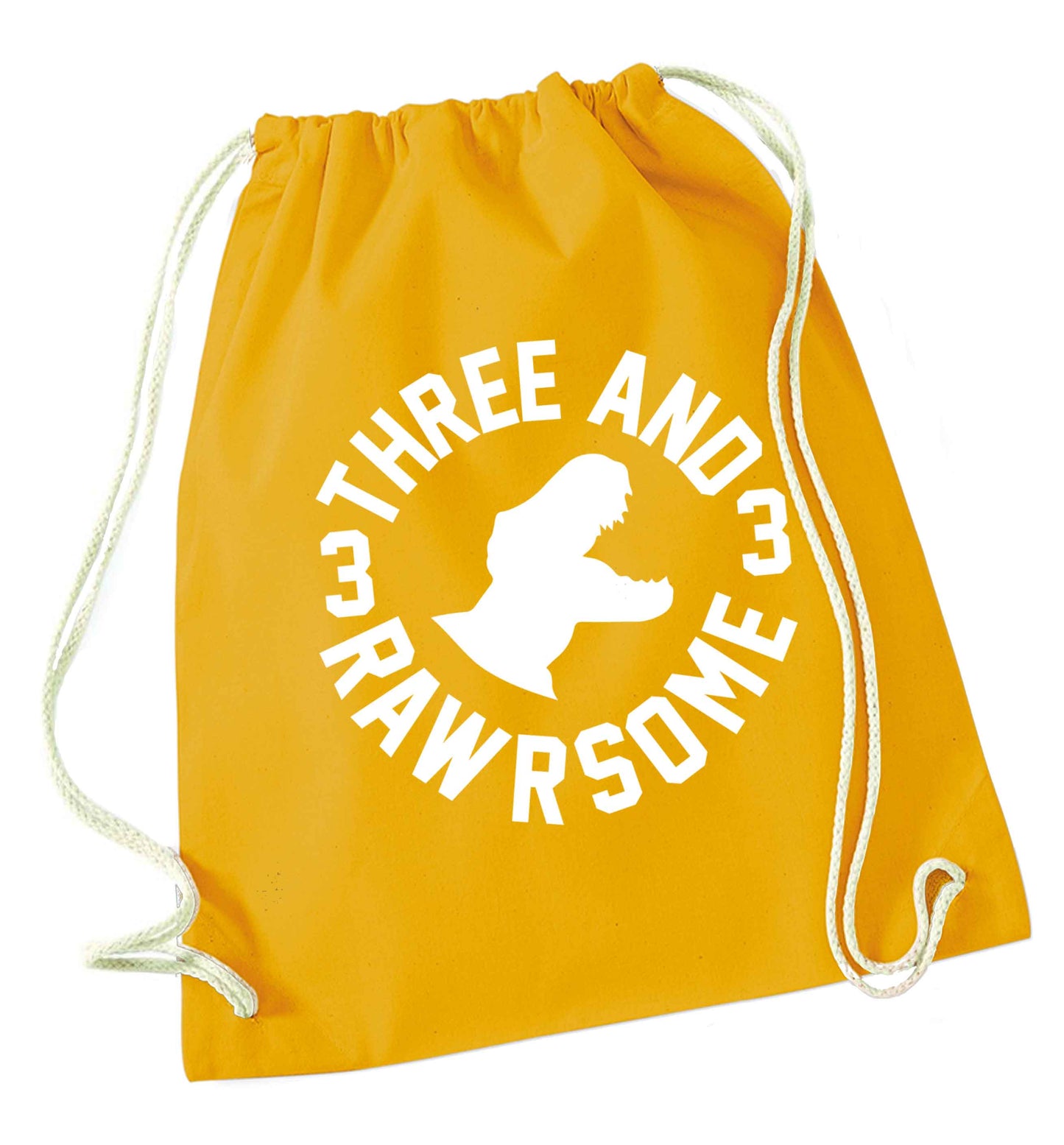 Three and rawrsome mustard drawstring bag